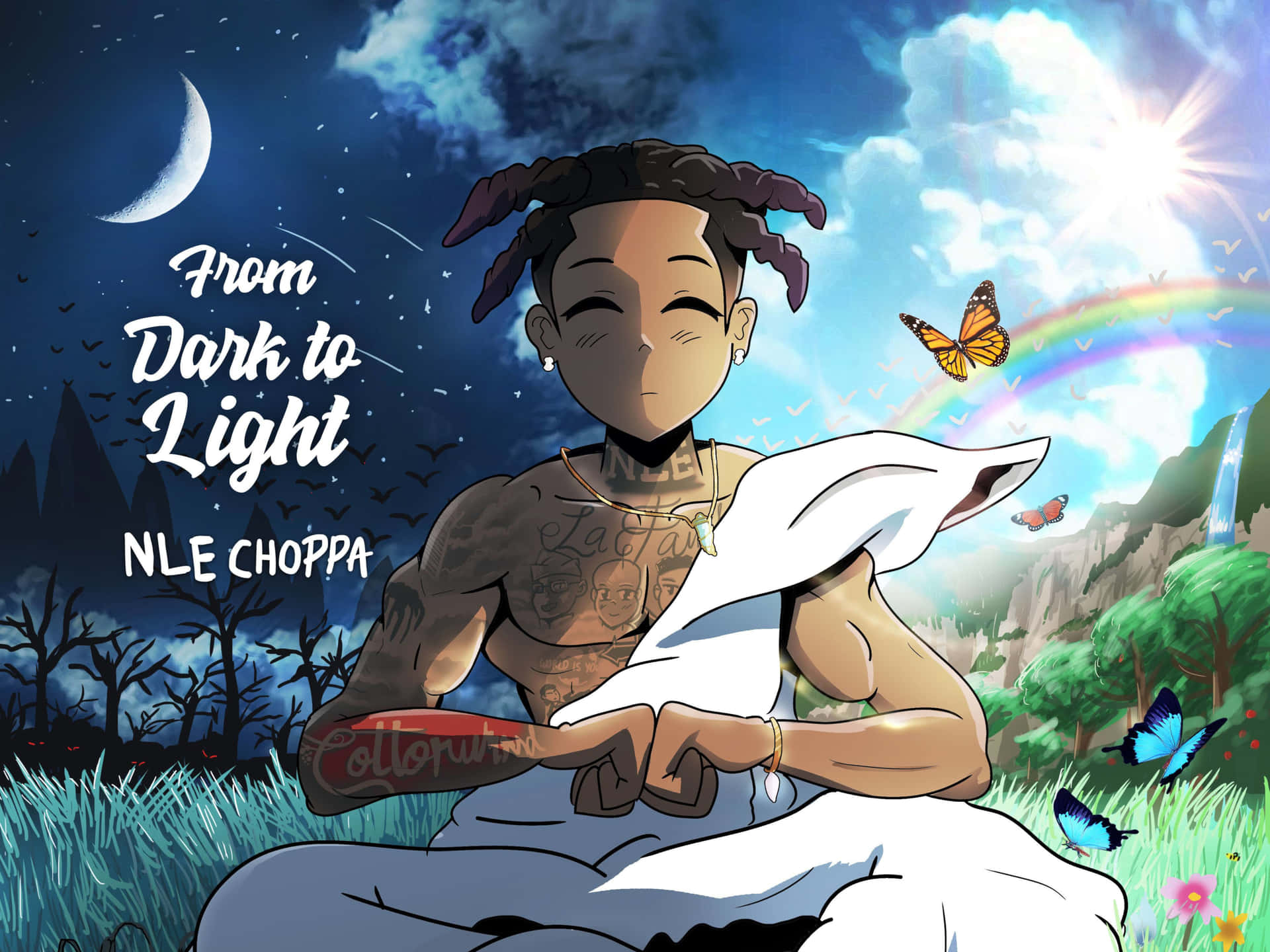  壁紙 — 一個有紋身的動畫男子在雙重日落和月光天空下靜靜冥想，彩虹和蝴蝶從他的手中出現。
