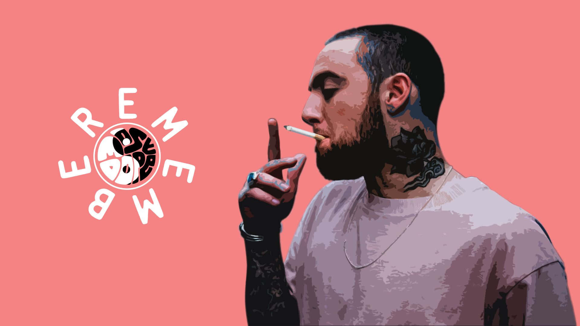 Mac Miller 桌布 壁紙 — 一個有紋身的男人側面抽煙，背景是純珊瑚色，帶有風格化的 'remember' 標誌。
