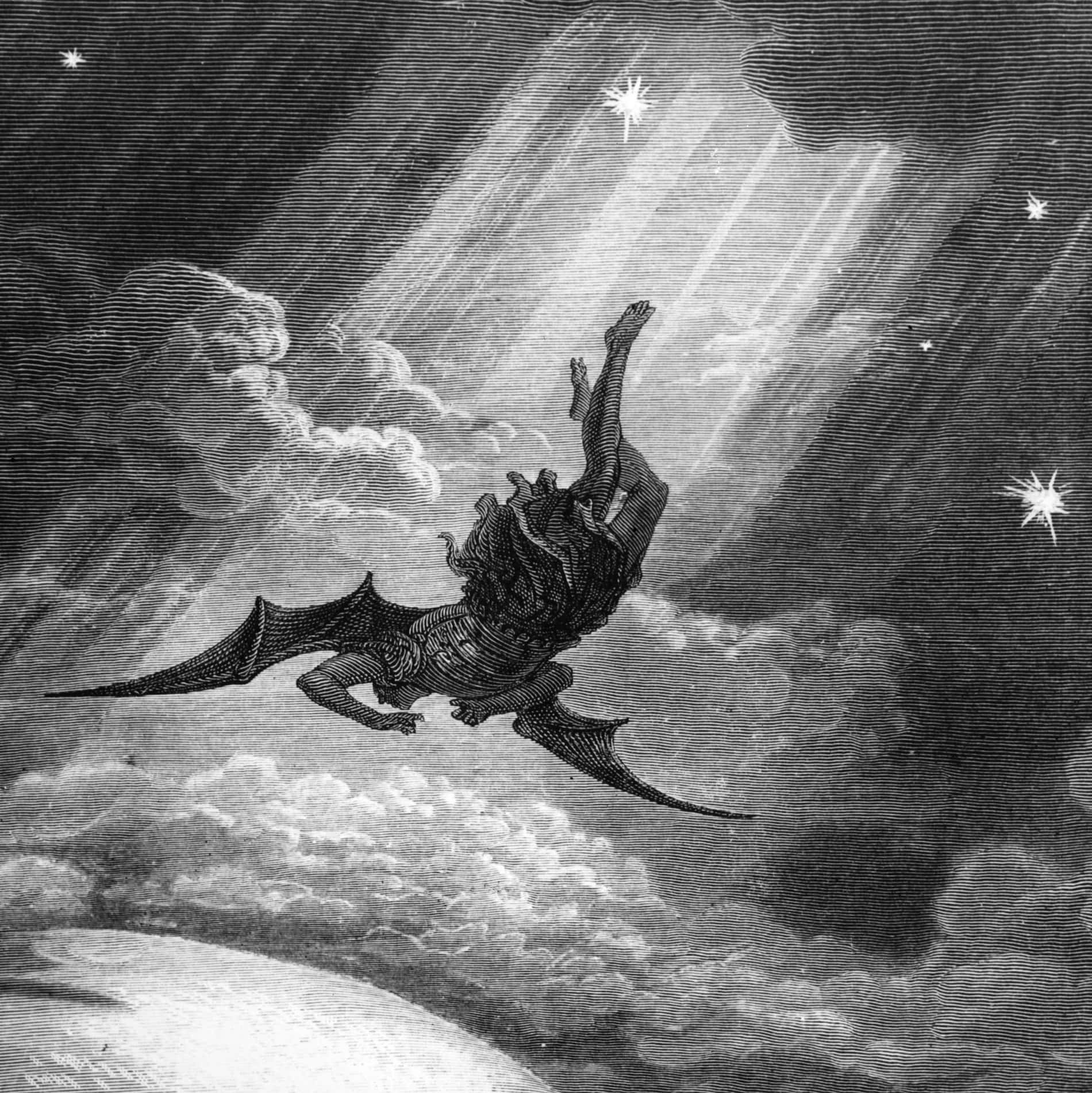 撒旦 桌布 壁紙 — 一個有翼人形身影穿過暴風雲層，衝向一道劃破夜空的光芒四射的光束。