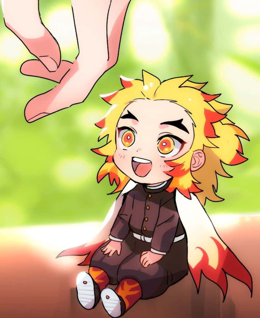 Rengoku Chibi 桌布 壁紙 — 一個有著火橙色頭髮和眼睛的Q版動畫嬰兒開心地坐著，一隻巨大的手伸下來頑皮地觸碰他們。