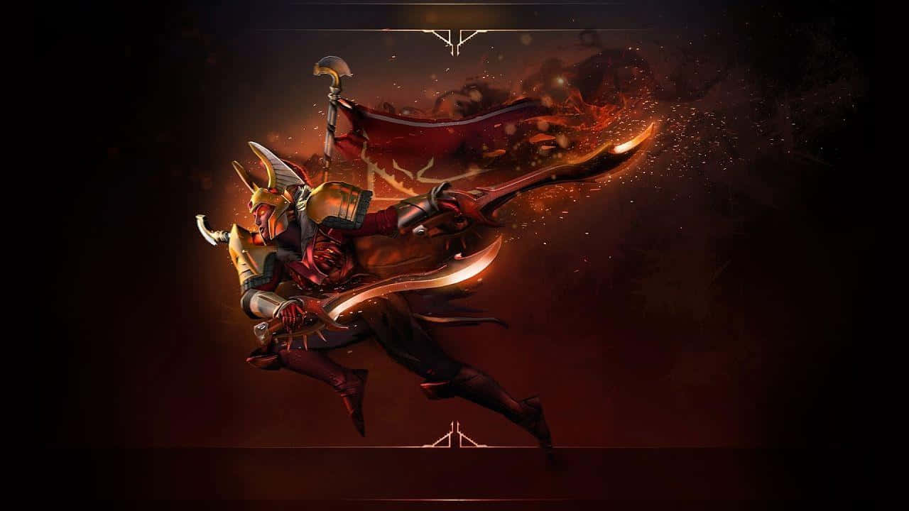 Legion Commander 桌布 壁紙 — 一個有角、披風、火焰裝甲的戰士，在黑暗煙霧背景中，伴隨發光的橙色火花，動態跳躍。