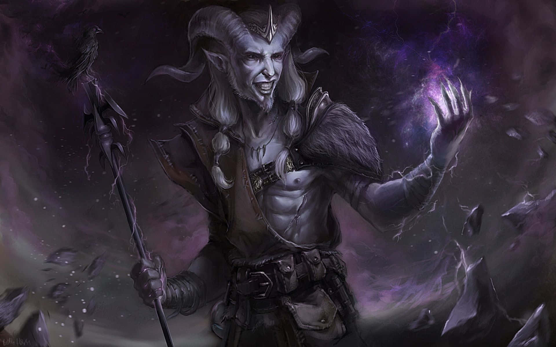 魔法 桌布 壁紙 — 一個有角、眼睛發光的惡魔般人物揮舞著法杖，在宇宙風暴背景下引導紫色能量。