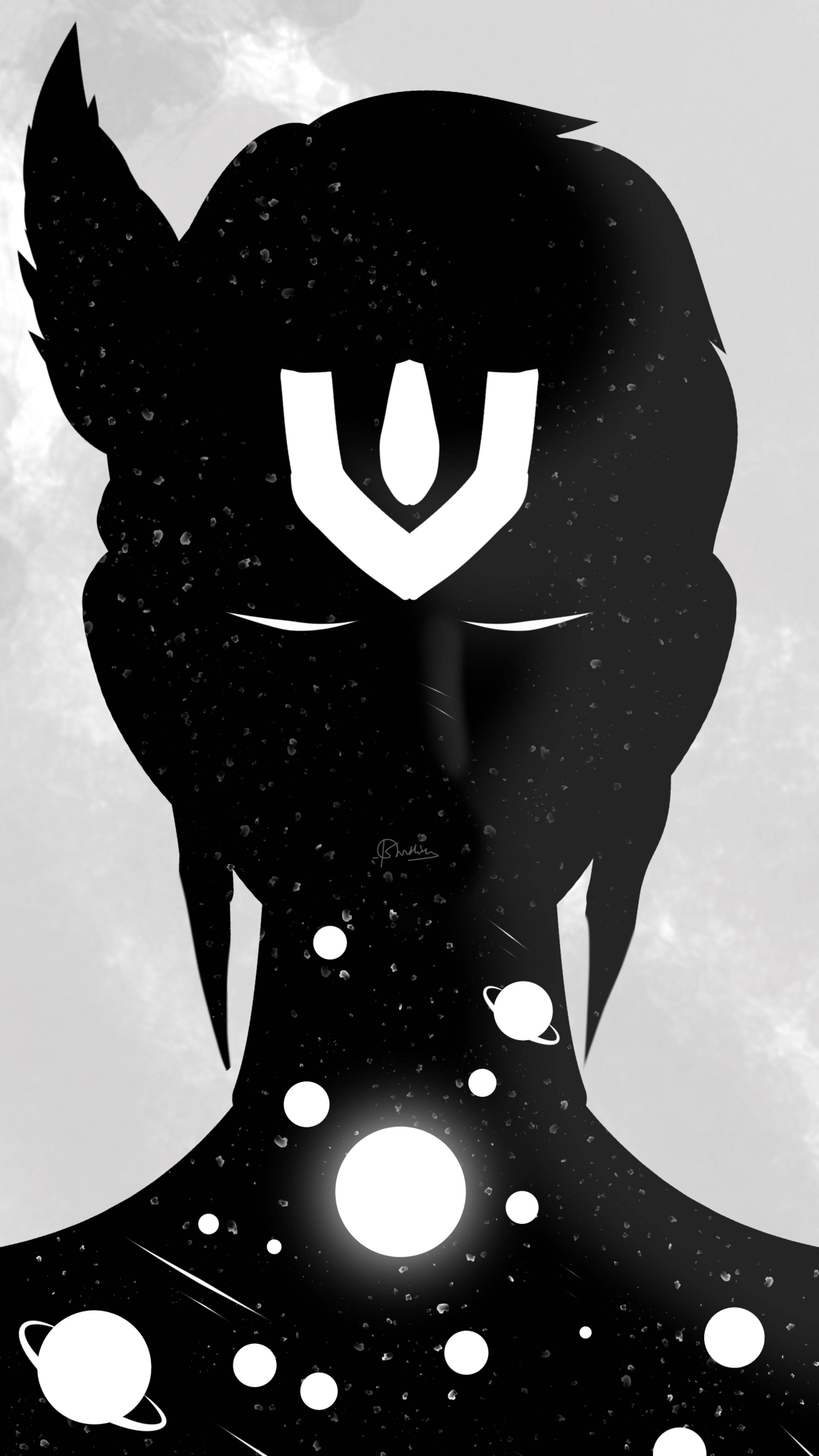 Vishnu 桌布 壁紙 — 一個有角人物的宇宙剪影，閉著眼睛，天體在其形態內旋轉，背景是星空。