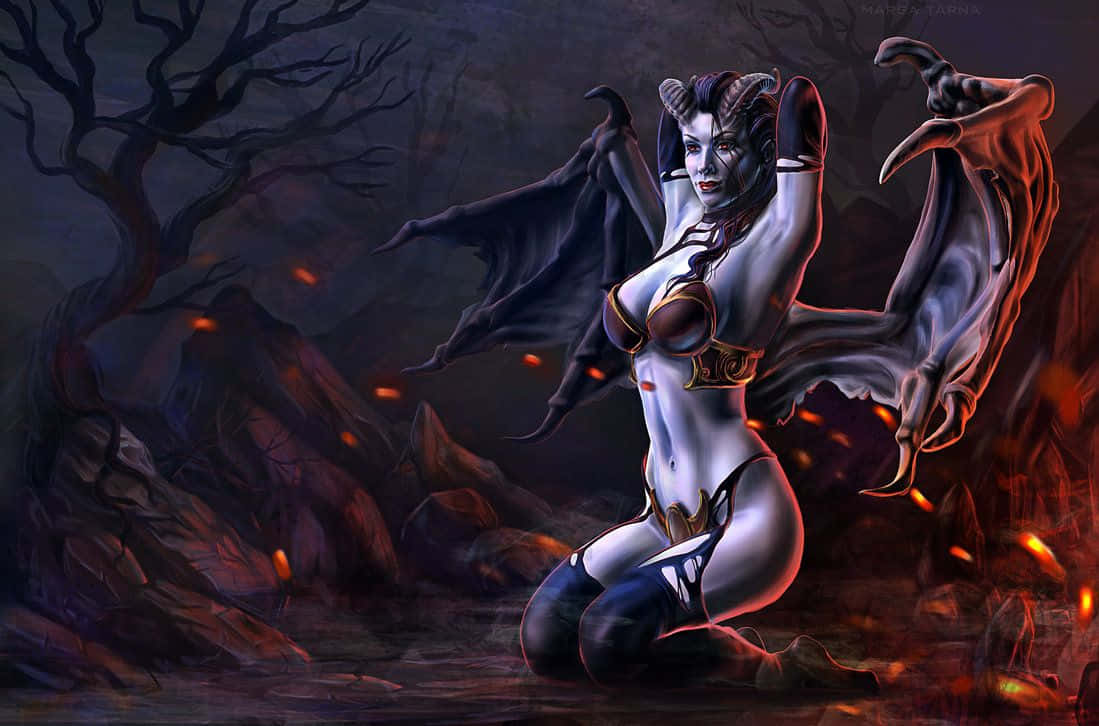 Queen Of Pain 桌布 壁紙 — 一個有角和翅膀的惡魔女人跪在一個熾熱的地獄景觀中，周圍有發光的餘燼和扭曲的樹木。
