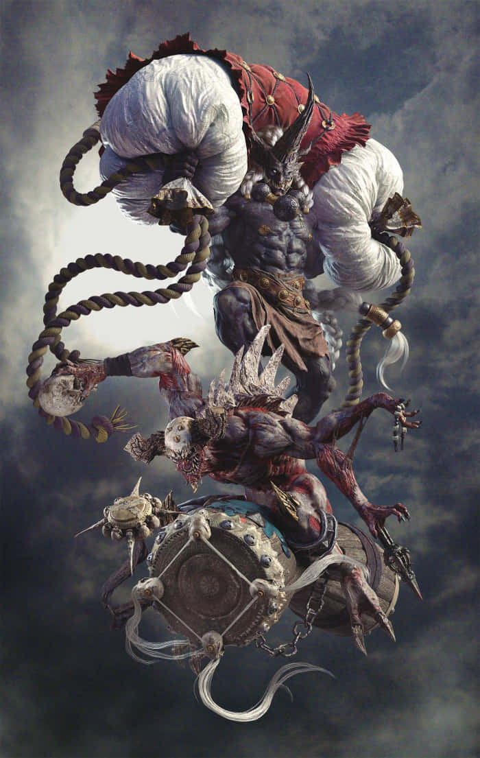 Raijin 桌布 壁紙 — 一個有角和鎖鏈的惡魔戰士在一個骷髏頭生物上戰鬥，背景是暴風雨的天空。