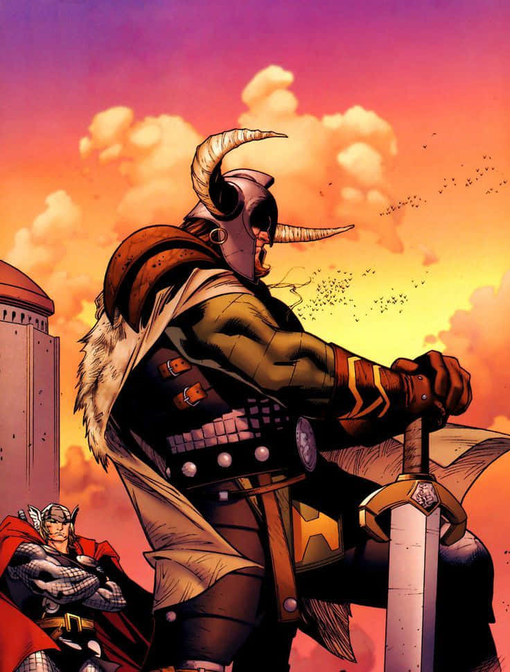 Heimdall 桌布 壁紙 — 一個有角戰士身穿盔甲，在熾熱的日落天空下握劍，附近有另一個身穿盔甲的人物。