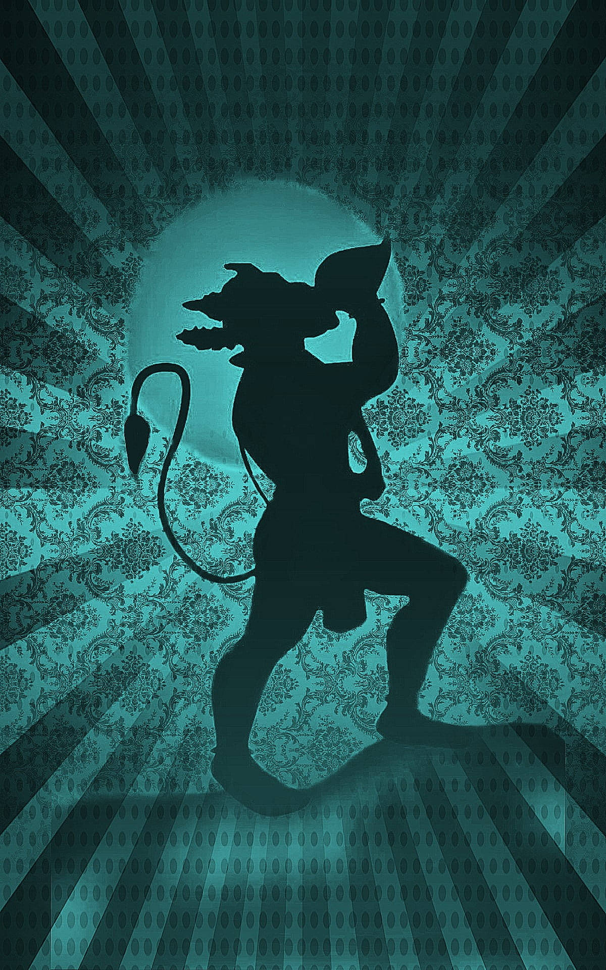 lord hanuman 桌布 壁紙 — 一個有角有尾的黑暗剪影生物，站在帶有放射光線的青色錦緞圖案背景前。