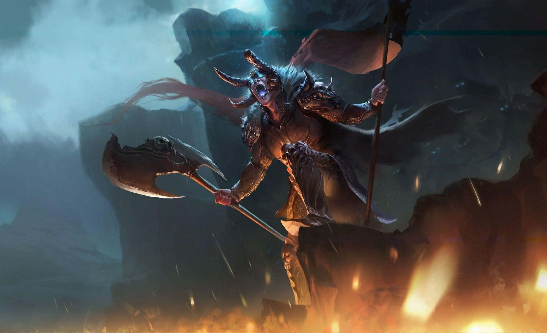 Legion Commander 桌布 壁紙 — 一個有角的惡魔戰士在烈火混亂和暴風雨中揮舞著巨斧咆哮。