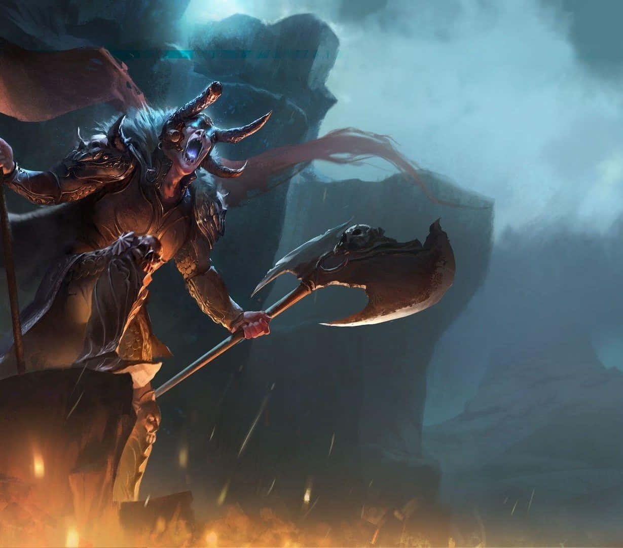 Legion Commander 桌布 壁紙 — 一個有角的惡魔戰士身穿黑色盔甲，在陰沉天空下，於熾熱餘燼和迷霧廢墟中揮舞著巨大的斧頭。