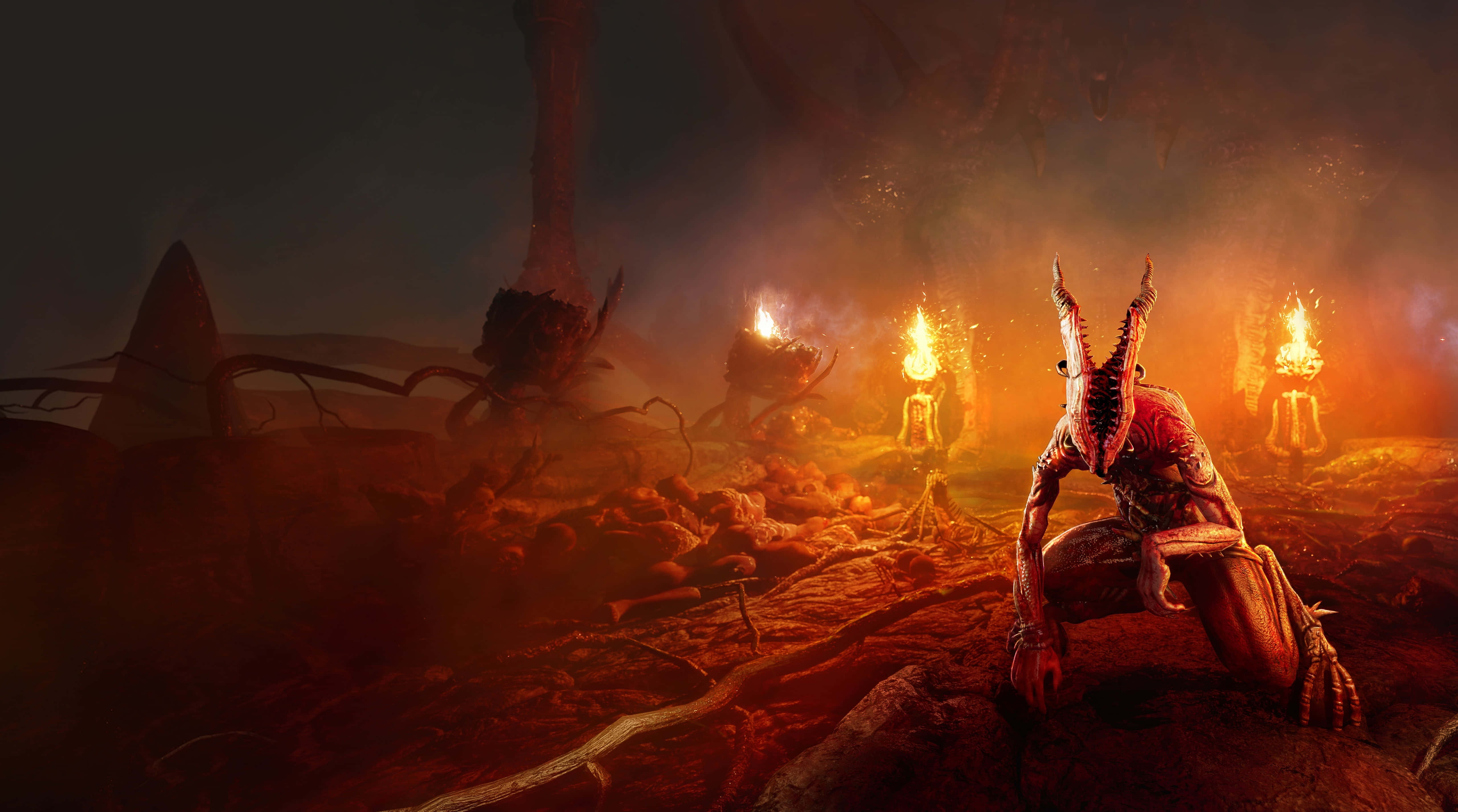 Survival Games 桌布 壁紙 — 一個有角的惡魔生物蹲伏在一個燃燒的地獄般景觀中，被發光的火炬和扭曲的有機結構照亮。