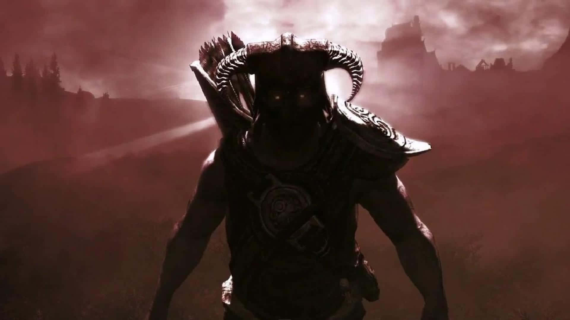 Skyrim Dawnguard 桌布 壁紙 — 一個有角的惡魔般人物身穿華麗盔甲，在血紅色的天空和遠處廢墟的襯托下形成剪影。