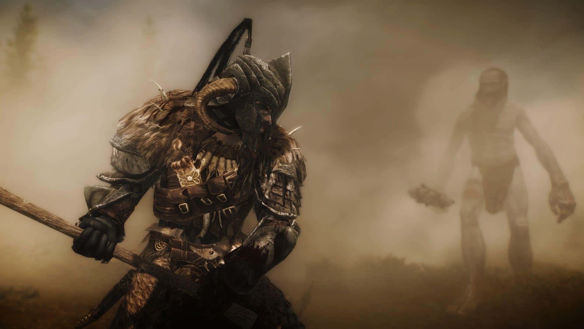 Skyrim Dawnguard 桌布 壁紙 — 一個有角的裝甲戰士緊握著法杖，一個幽靈般的身影從迷霧戰場的薄霧中浮現。
