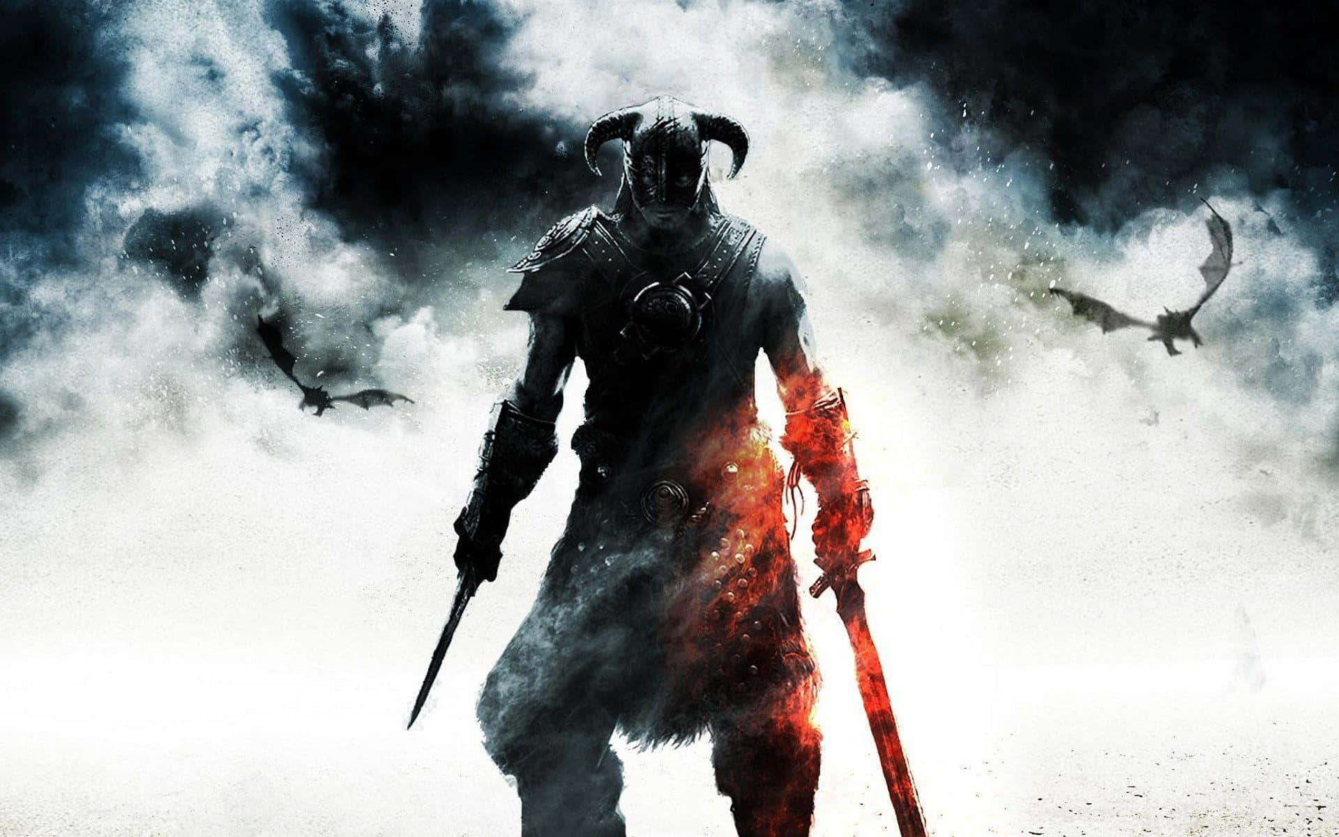 Skyrim Dawnguard 桌布 壁紙 — 一個有角的黑暗裝甲戰士，半身被火焰吞噬，背景是暴風雨的天空，蝙蝠在飛翔。