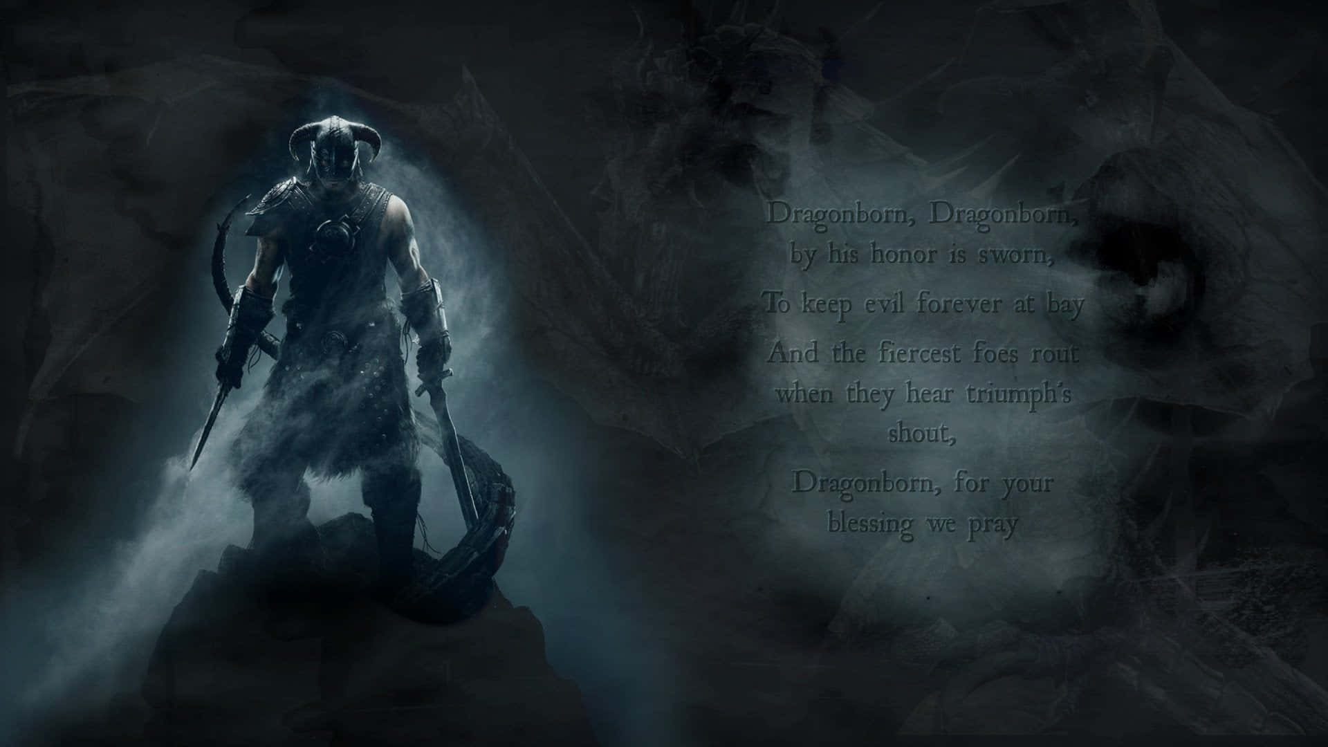 dovahkiin 桌布 壁紙 — 一個有角的黑暗裝甲戰士站在霧氣籠罩的陰影中的岩石露頭上，手持劍，旁邊有發光的文字。