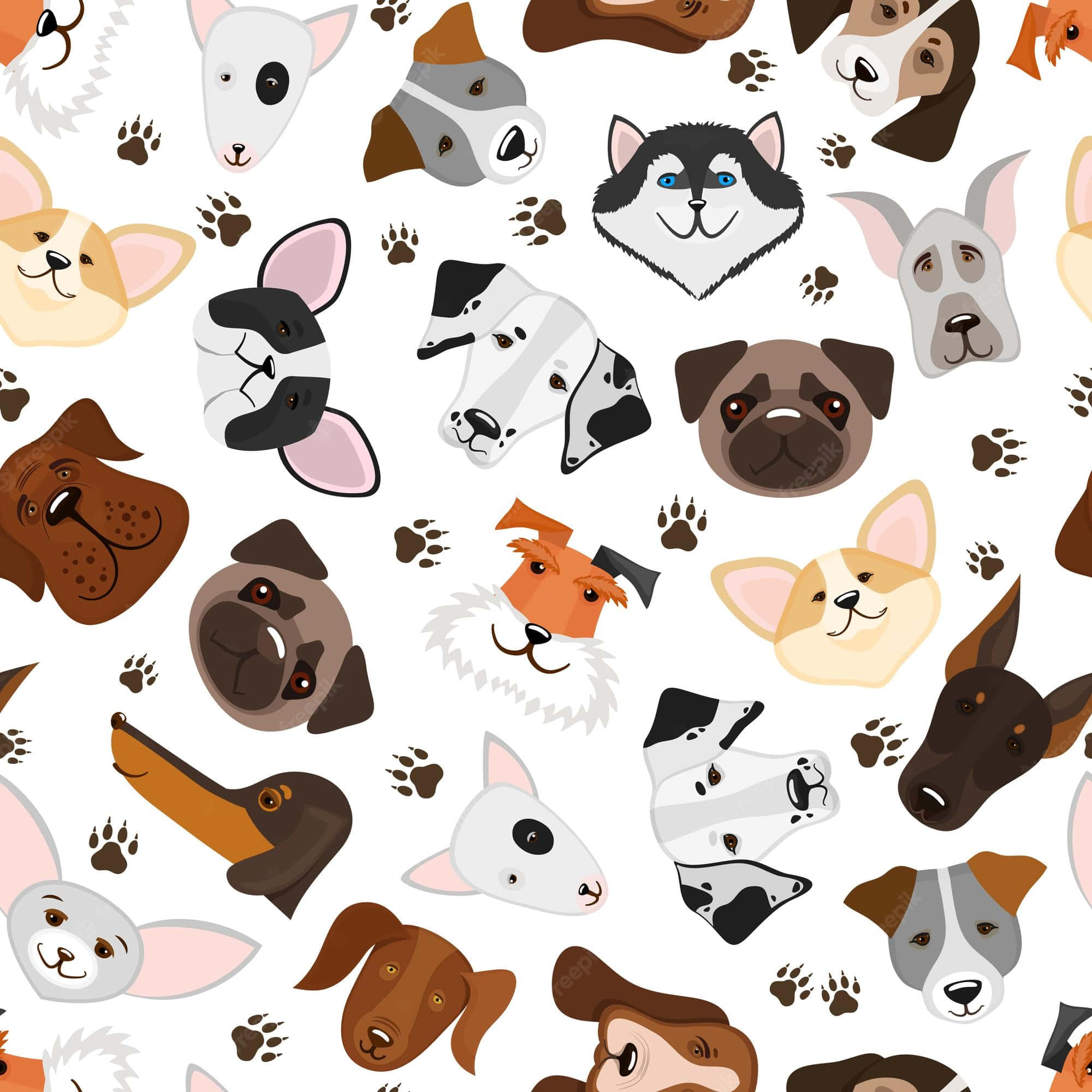 cute dogs 桌布 壁紙 — 一個有趣嘅無縫圖案，包含各種卡通狗臉同腳印，喺乾淨嘅白色背景上。