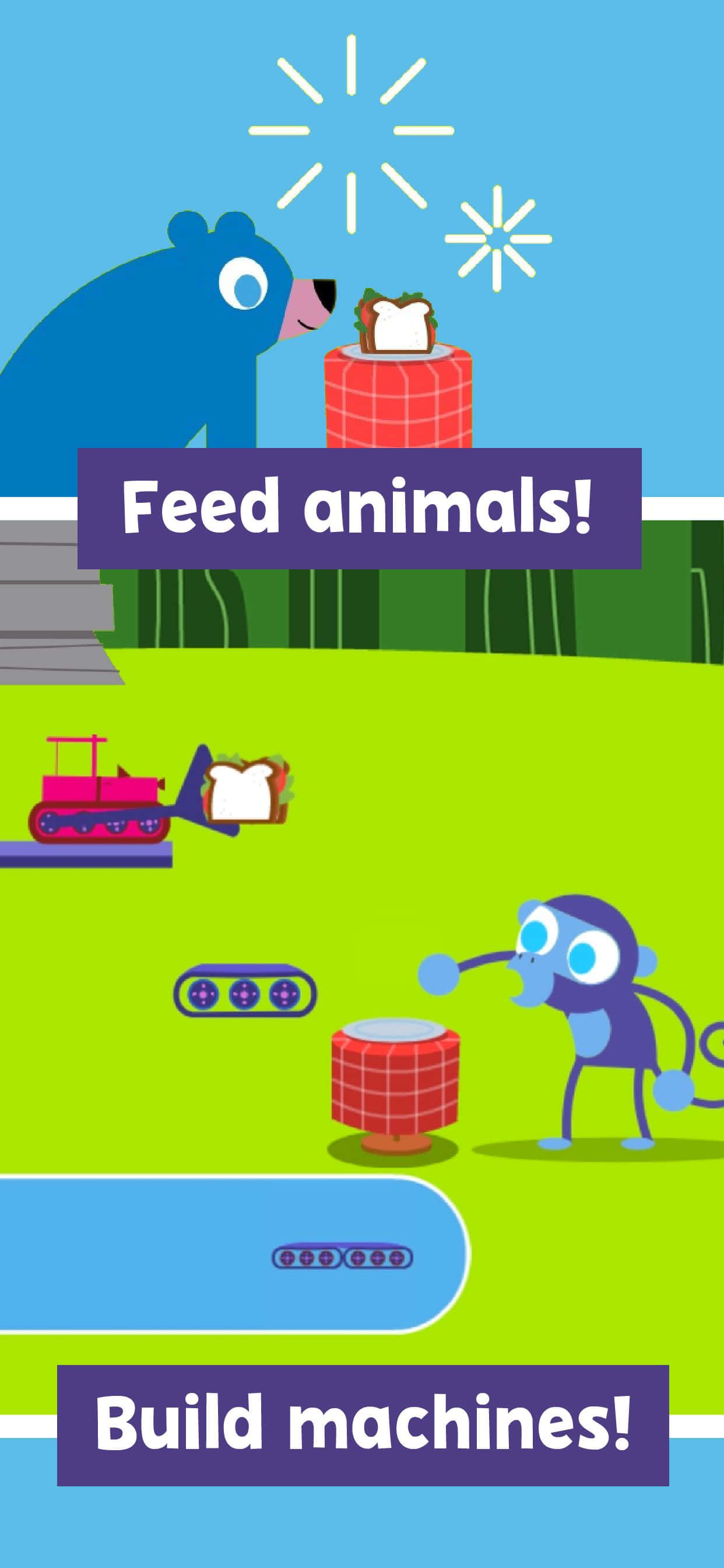 Pbs Kids 桌布 壁紙 — 一個有趣的卡通場景，藍色熊和猴子在藍天下明亮的綠色田野上與色彩繽紛的機器和多士互動。