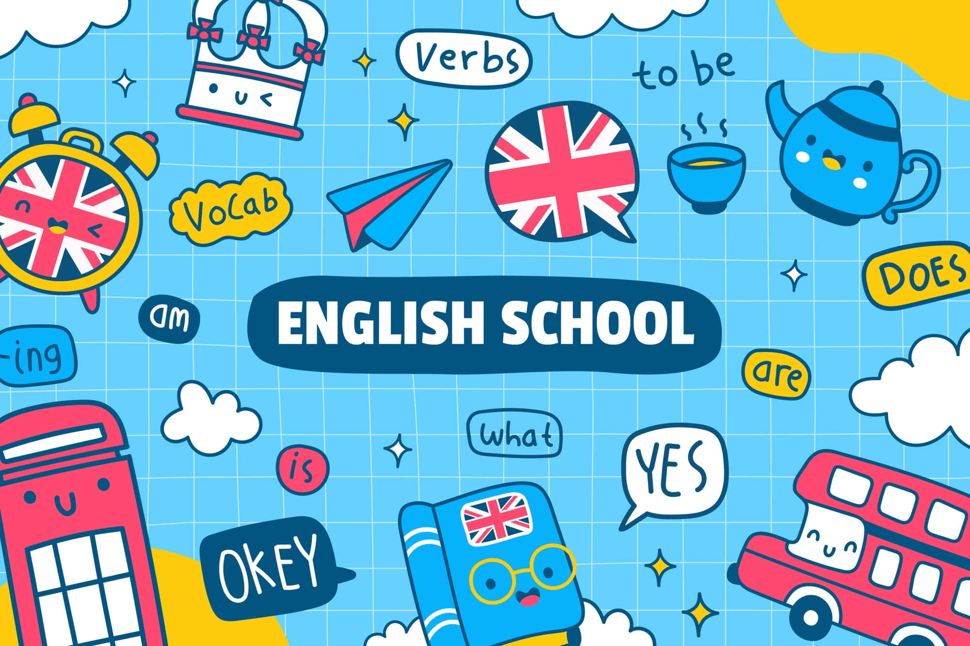 English 桌布 壁紙 — 一個有趣的卡通插圖，展示英語學校詞彙，帶有微笑的英國圖標，背景為藍色網格。