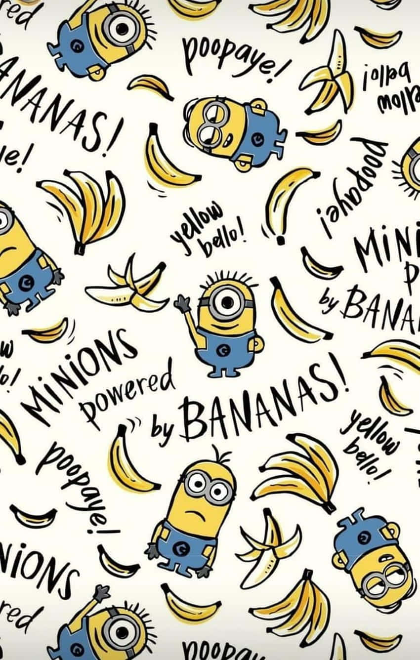迷你兵團 桌布 壁紙 — 一個有趣的圖案，包含卡通 minions 和香蕉，並帶有手寫短語，背景為白色。