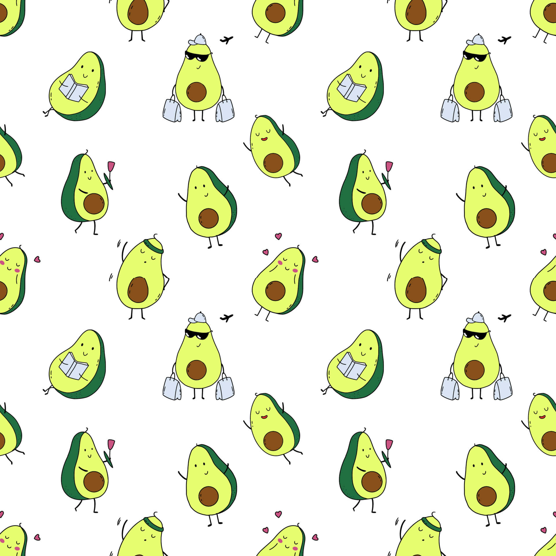 Cute Avocado 桌布 壁紙 — 一個有趣的圖案，卡通牛油果有手臂、腿和表情，在乾淨的白色背景上進行日常活動。