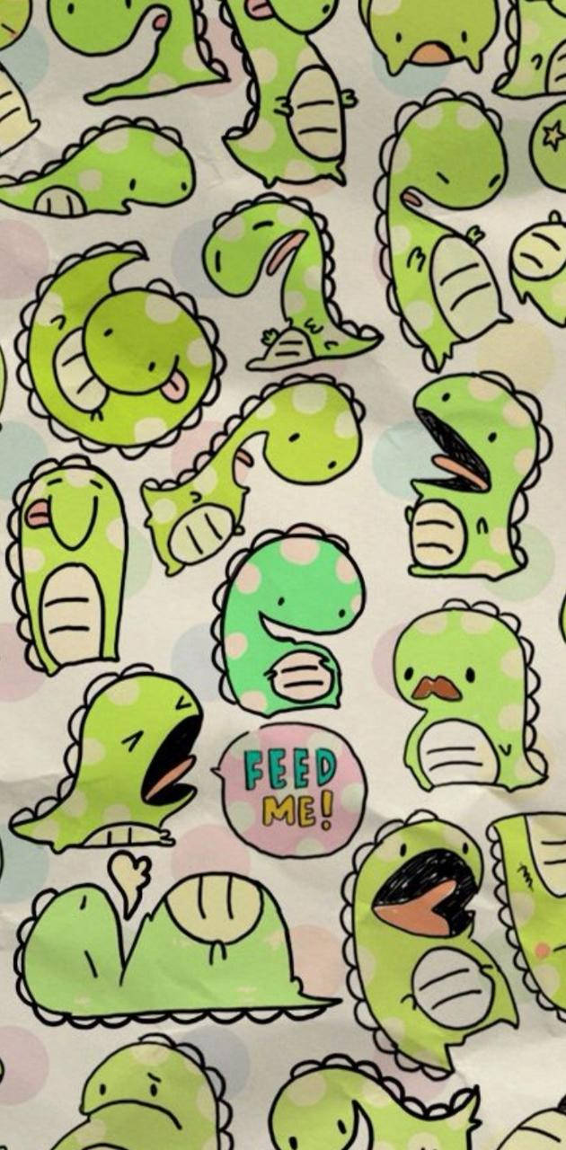 Cute Dinosaur 桌布 壁紙 — 一個有趣的圖案，淺色背景上有綠色卡通恐龍，帶有波點和表情豐富的臉。