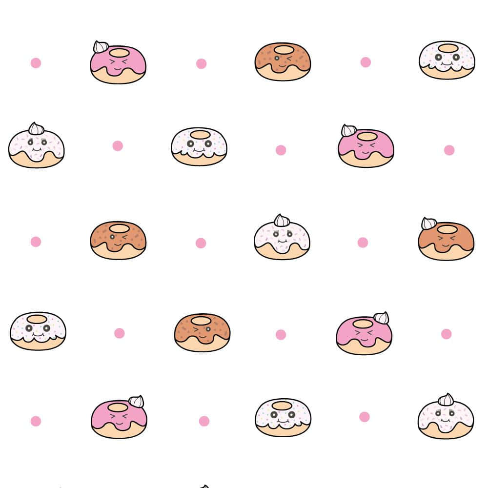 donuts 桌布 壁紙 — 一個有趣的圖案，由可愛的卡通冬甩組成，帶有粉紅色和棕色糖霜和笑臉，背景為白色帶粉紅色圓點。