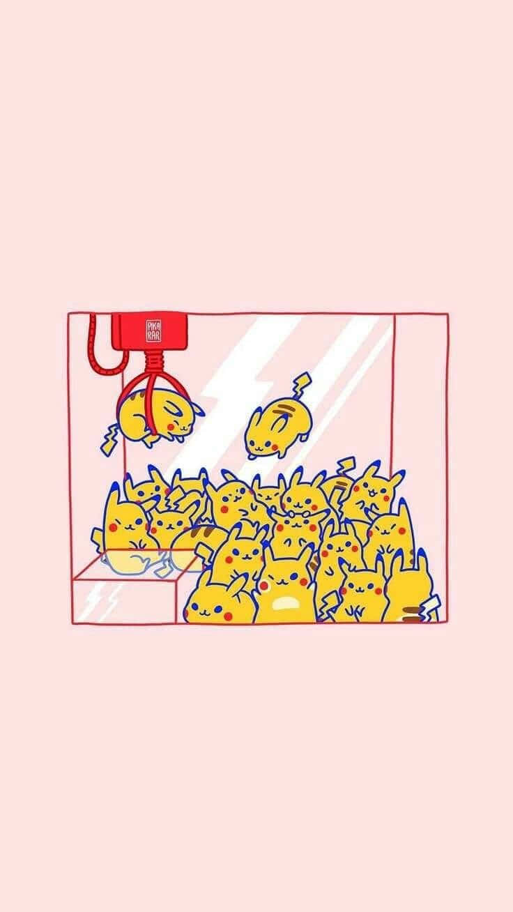Brightening 桌布 壁紙 — 一個有趣的插圖，展示許多黃色比卡超角色在夾公仔機內，其中一個正被夾爪抓住。