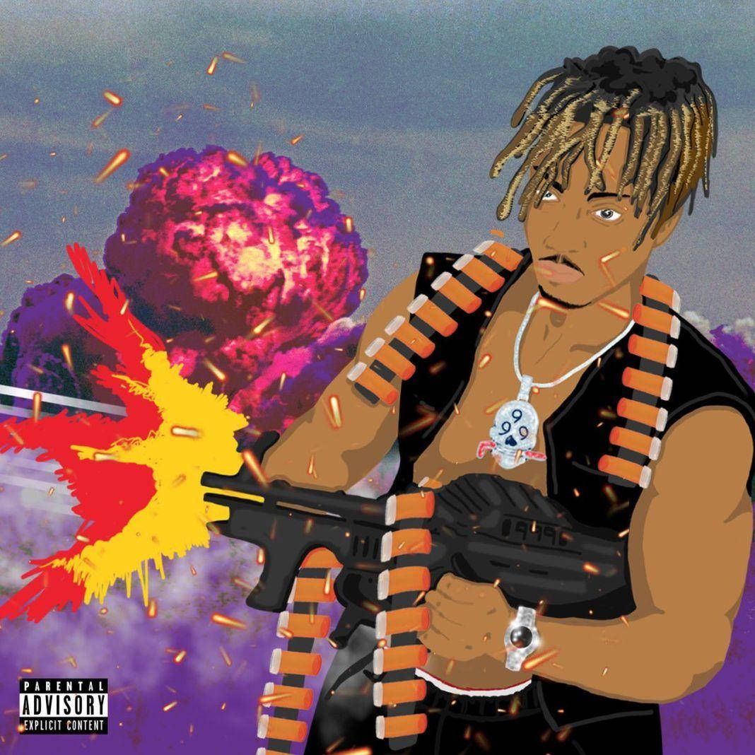 Juice WRLD 桌布 壁紙 — 一個有辮子頭的男人正在發射機關槍，身後有色彩繽紛的爆炸爆發的風格化插圖。