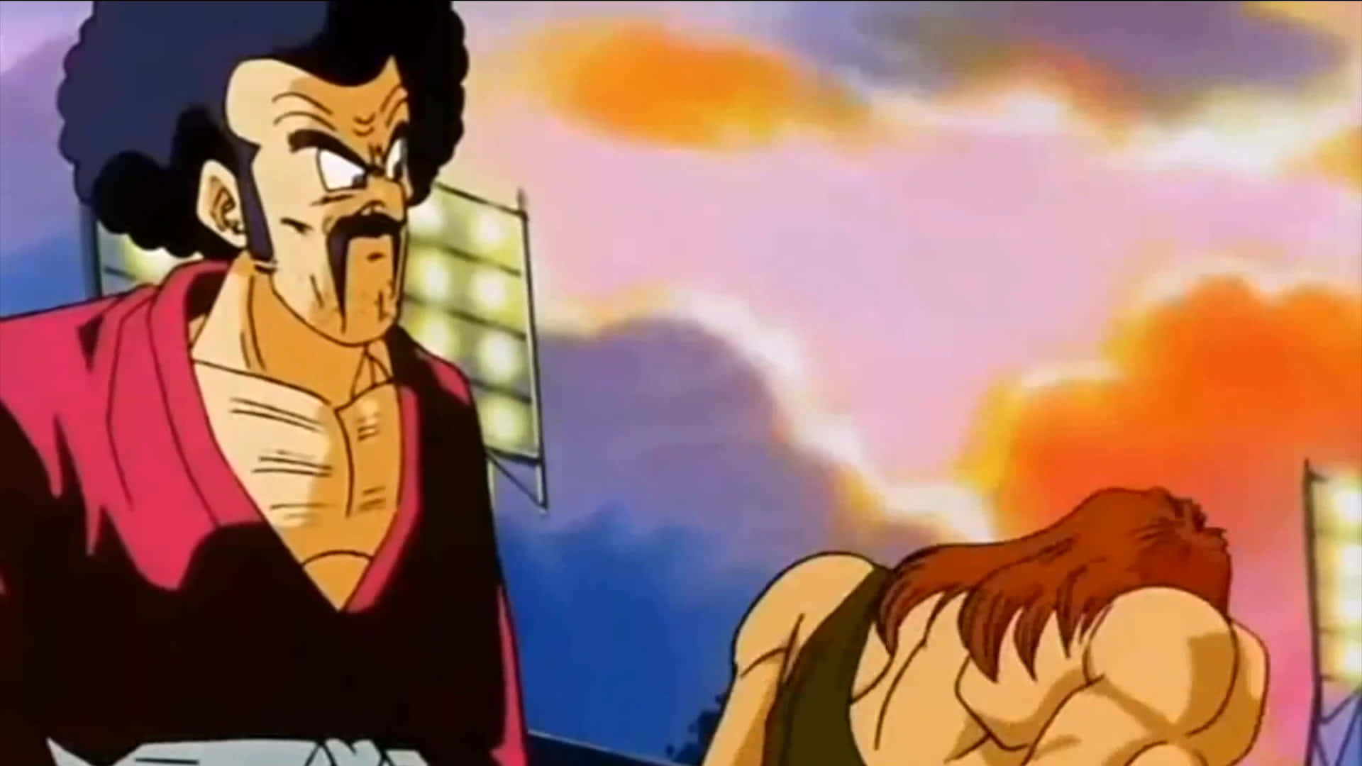 Hercule Satan 桌布 壁紙 — 一個有鬍子和爆炸頭嘅動漫角色，喺火紅嘅日落天空背景下，專注地盯住另一個肌肉發達嘅角色。