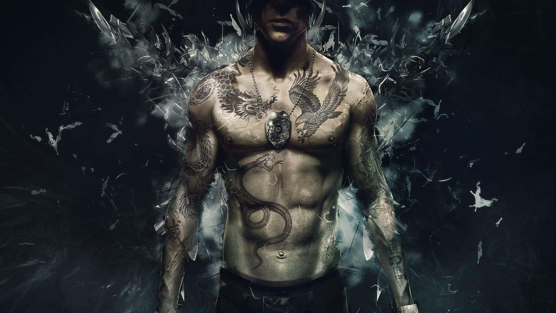 Tattoo 桌布 壁紙 — 一個有龍紋身嘅男人喺黑暗煙霧背景中從碎玻璃中出現。