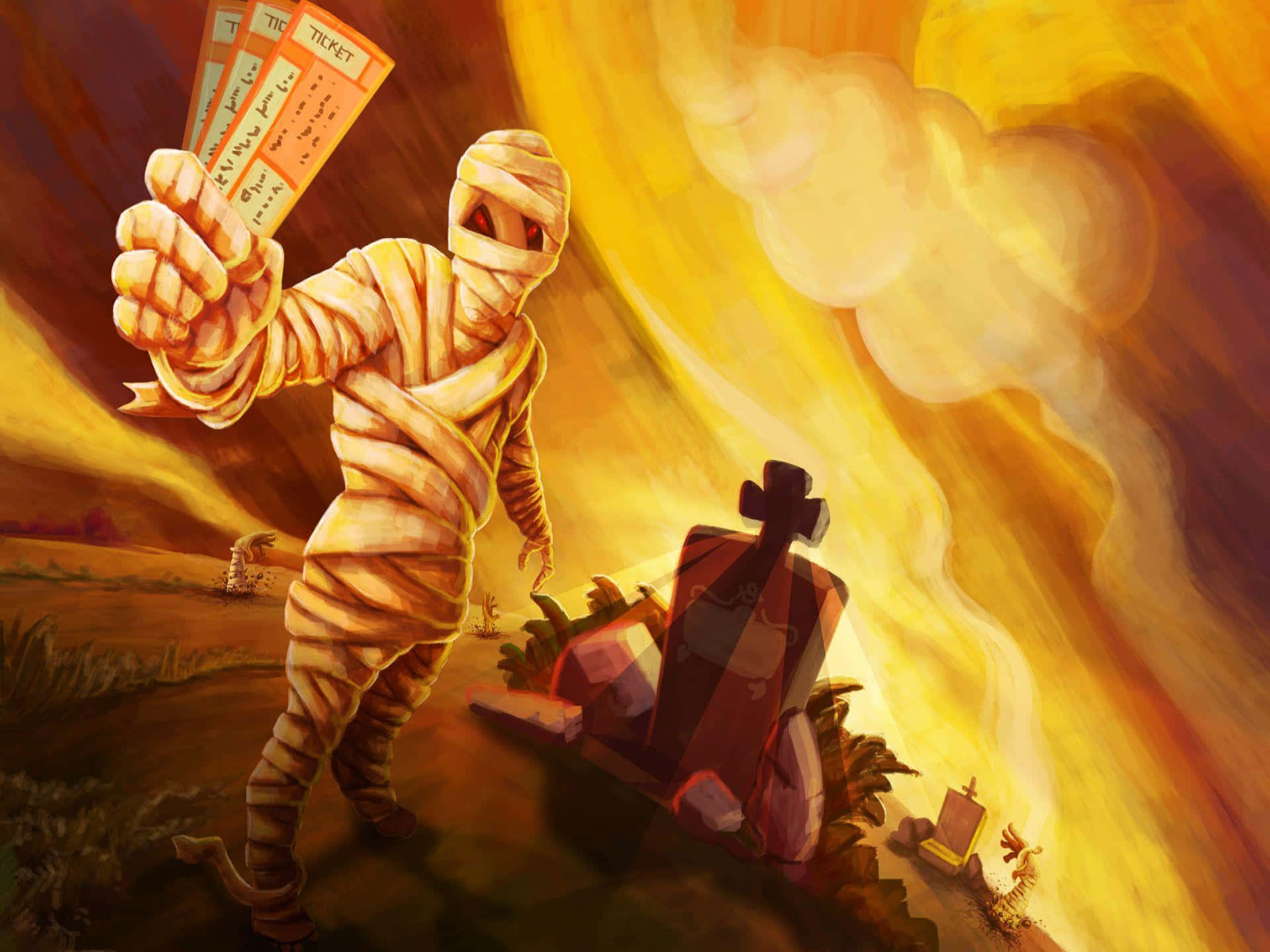 Mummy Costumes 桌布 壁紙 — 一個木乃伊手持電影票，站在熾熱的沙漠墓地中，天空是火紅的橙色。