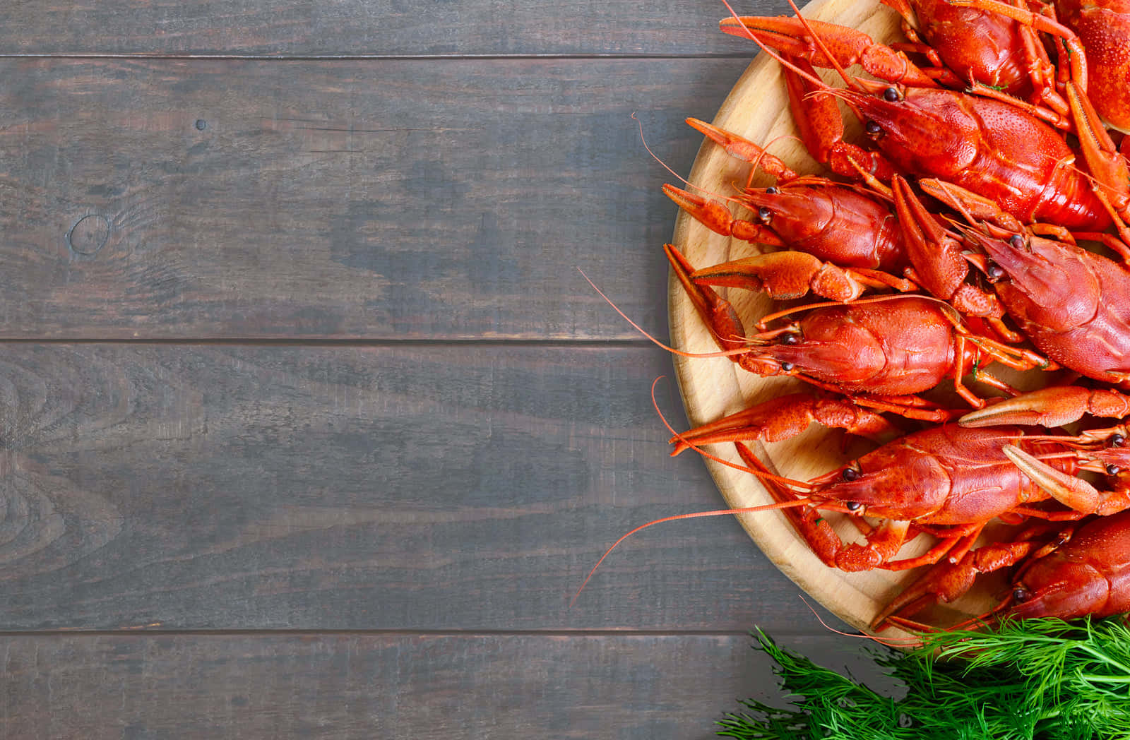 Seafood 桌布 壁紙 — 一個木盤上堆滿鮮紅色的熟小龍蝦，旁邊放著新鮮蒔蘿，置於深色質樸木桌上。