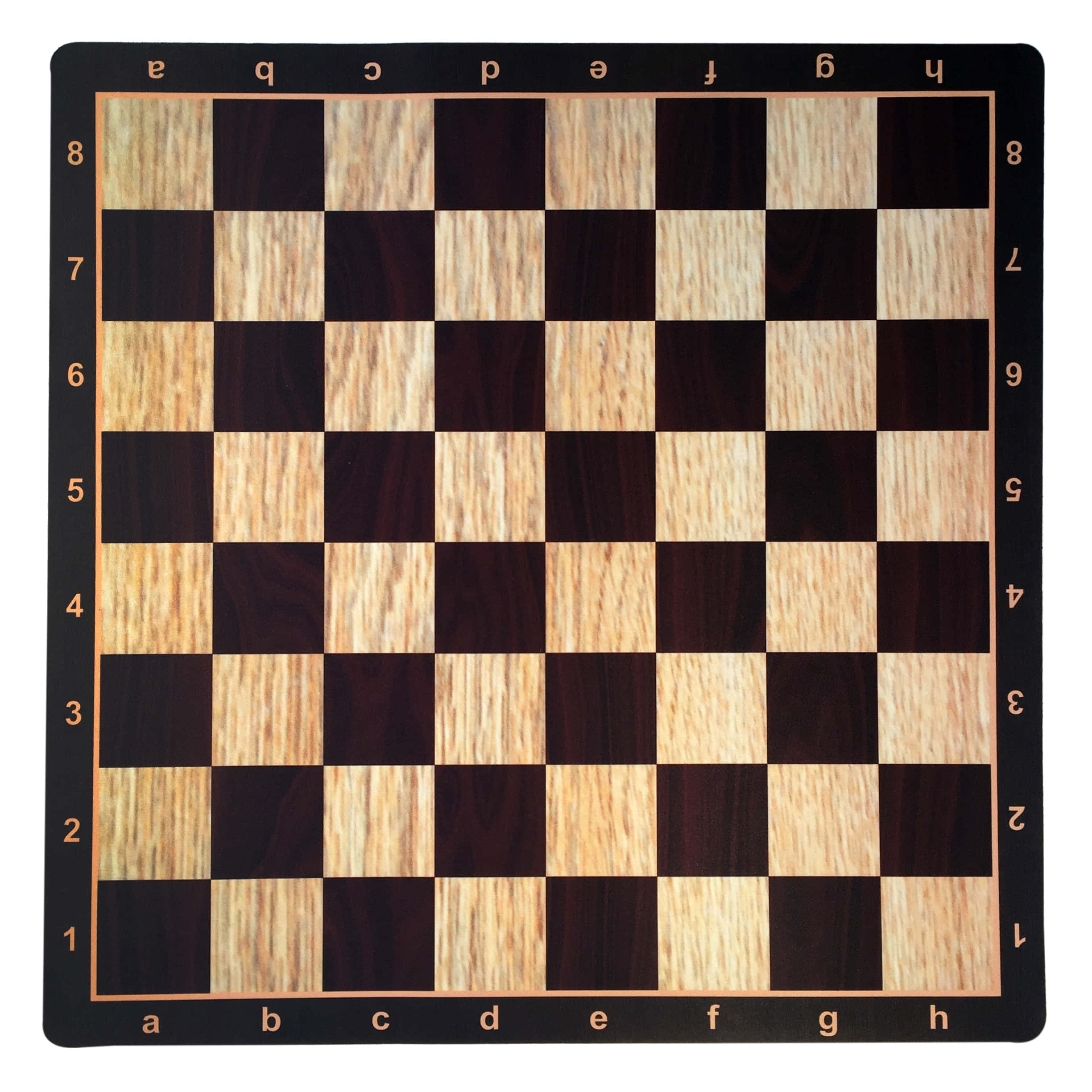 Chessboard 桌布 壁紙 — 一個木製棋盤的俯視圖，棋盤上有交替的深色和淺色方格，並標有字母和數字。