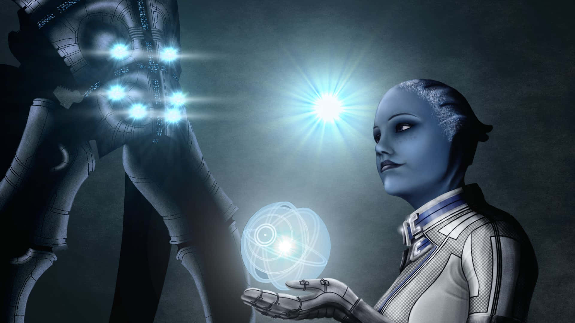Liara T'soni 桌布 壁紙 — 一個未來主義的人形機械人，擁有發光的藍色眼睛和機械手臂，手持一個漂浮的能量球，面對一個高聳的機械實體，帶有明亮的藍色光芒。