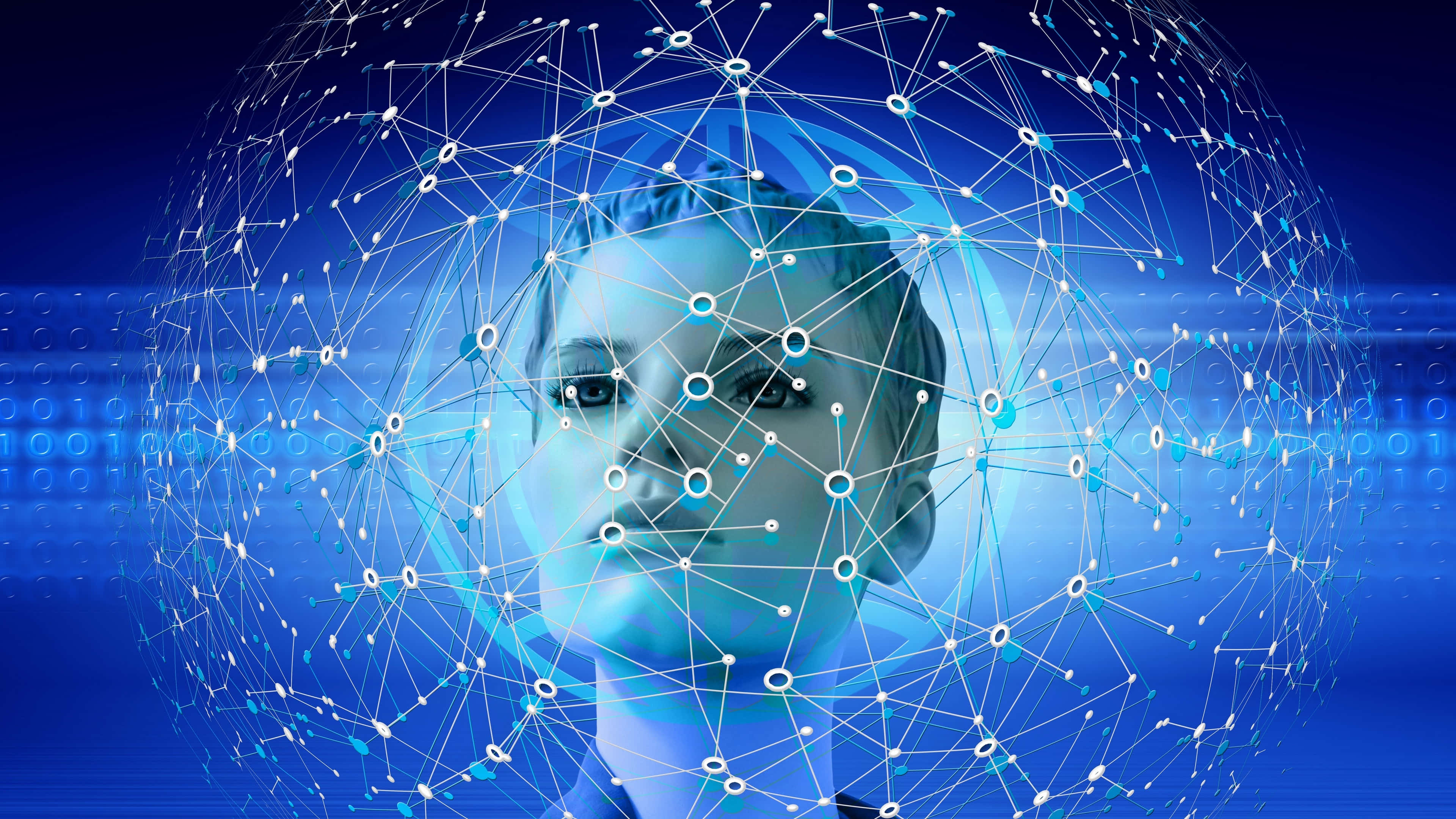 AI 桌布 壁紙 — 一個未來主義的人類頭部，被發光的藍色數碼網絡包圍，背景有二元碼流動。