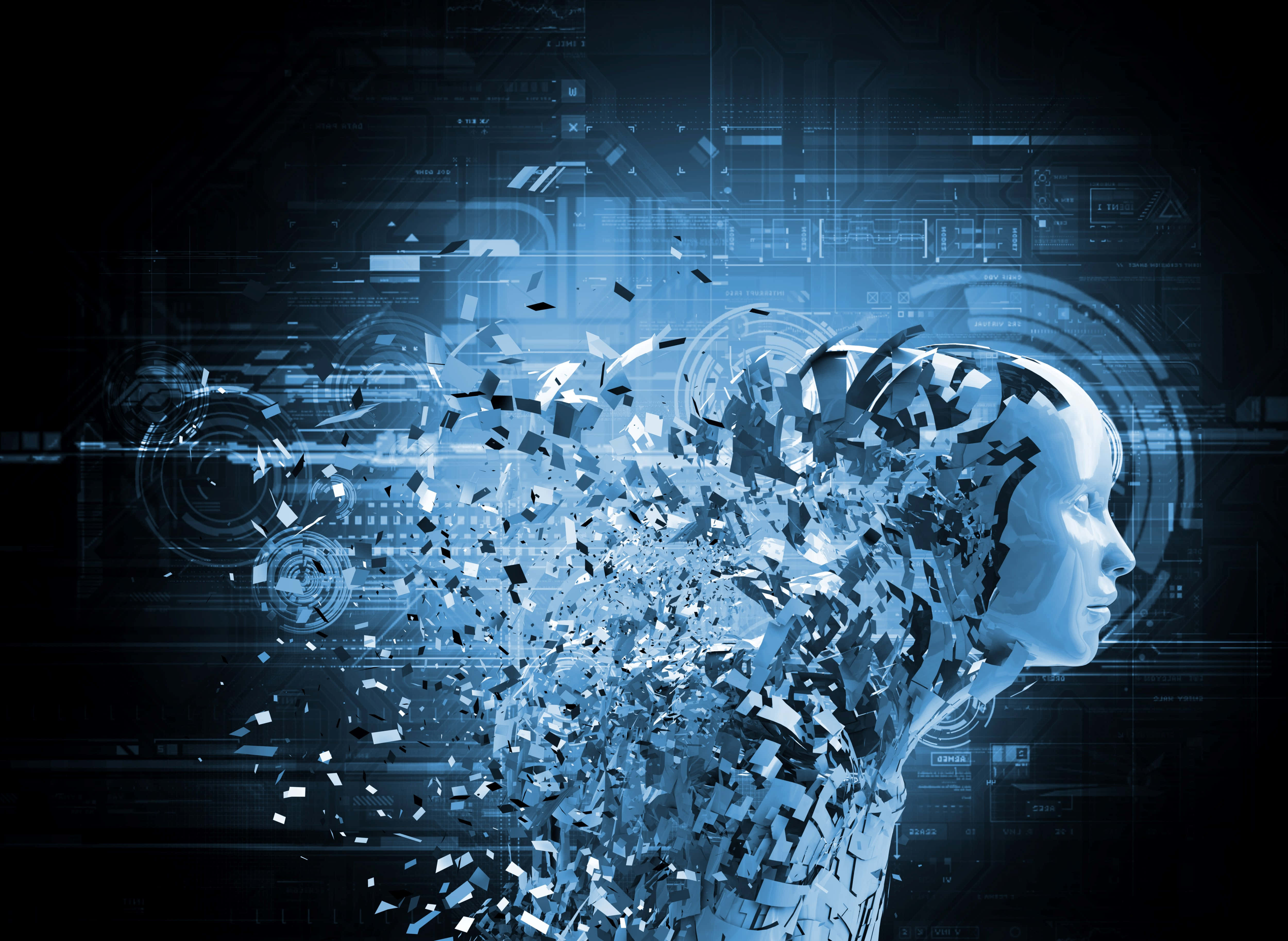 AI 桌布 壁紙 — 一個未來主義的人類頭部在發光的藍色科技界面背景上溶解成數位碎片。