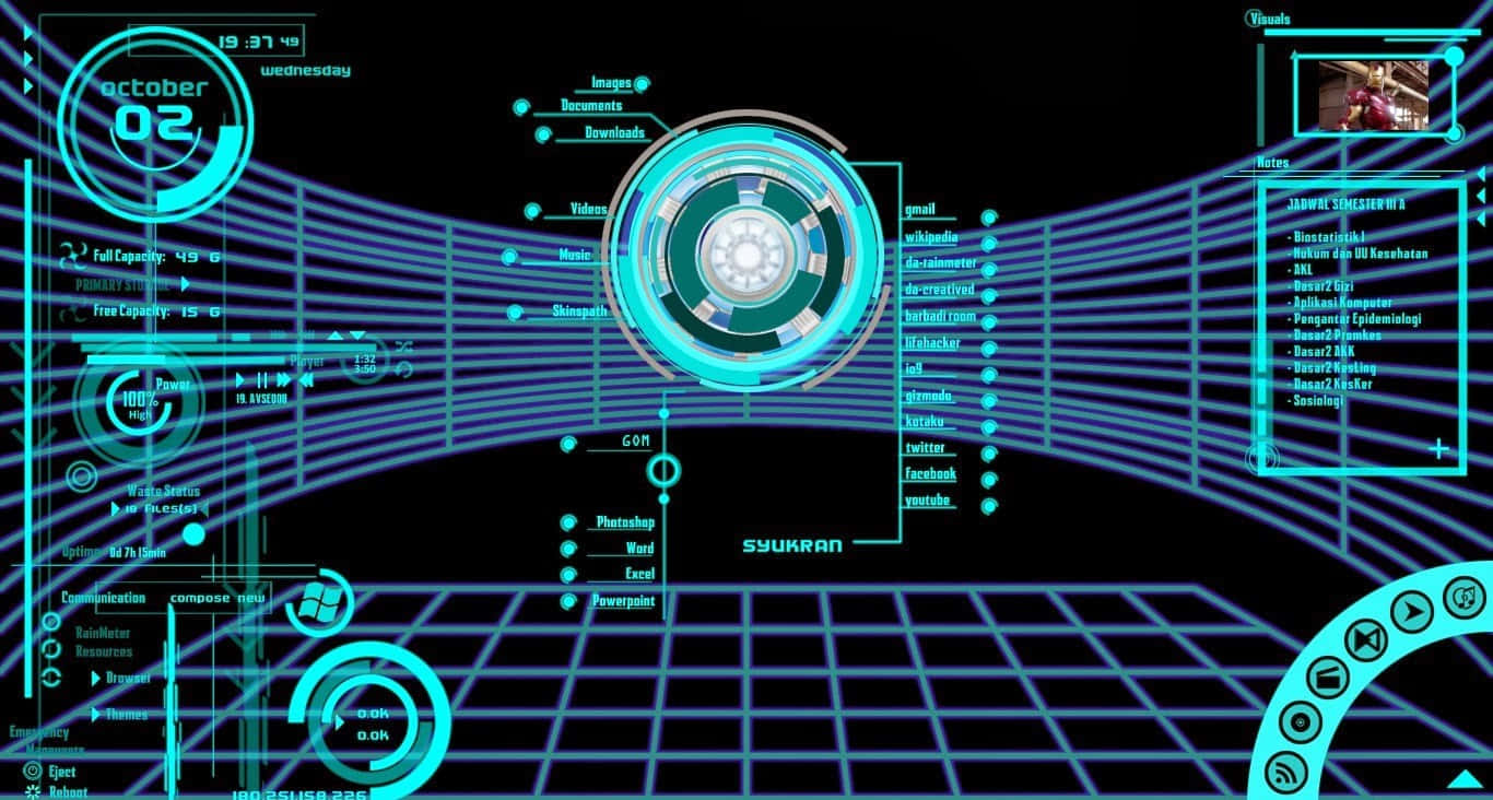 Iron Man Technology 桌布 壁紙 — 一個未來主義的全息界面，帶有發光的青色數據面板和一個中央圓形控制中心，背景為深色網格。