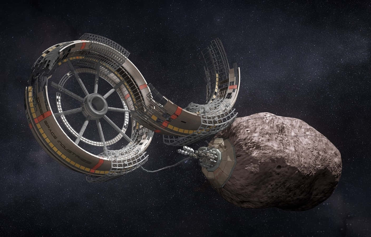 Space Mining 桌布 壁紙 — 一個未來主義的太空站，帶有旋轉的居住艙，繞著一顆大型小行星運行，背景是繁星點點的虛空。