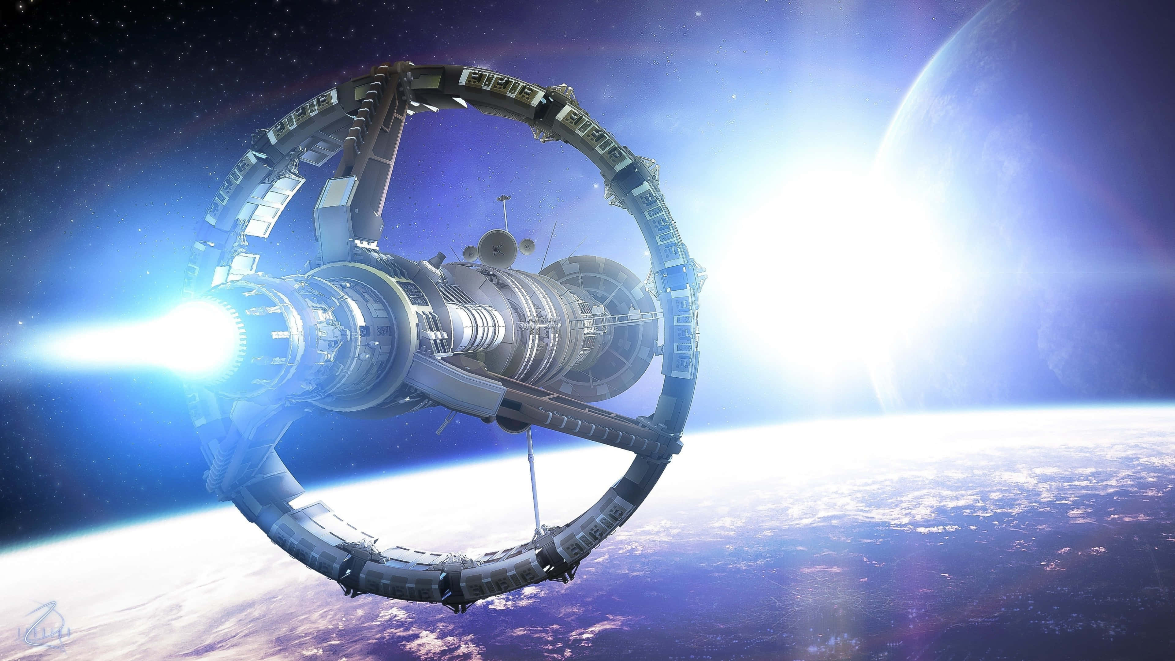 Spacecraft 桌布 壁紙 — 一個未來主義的太空站繞地球運行，引擎發出明亮的光芒，背景是星空和一顆發光的行星。