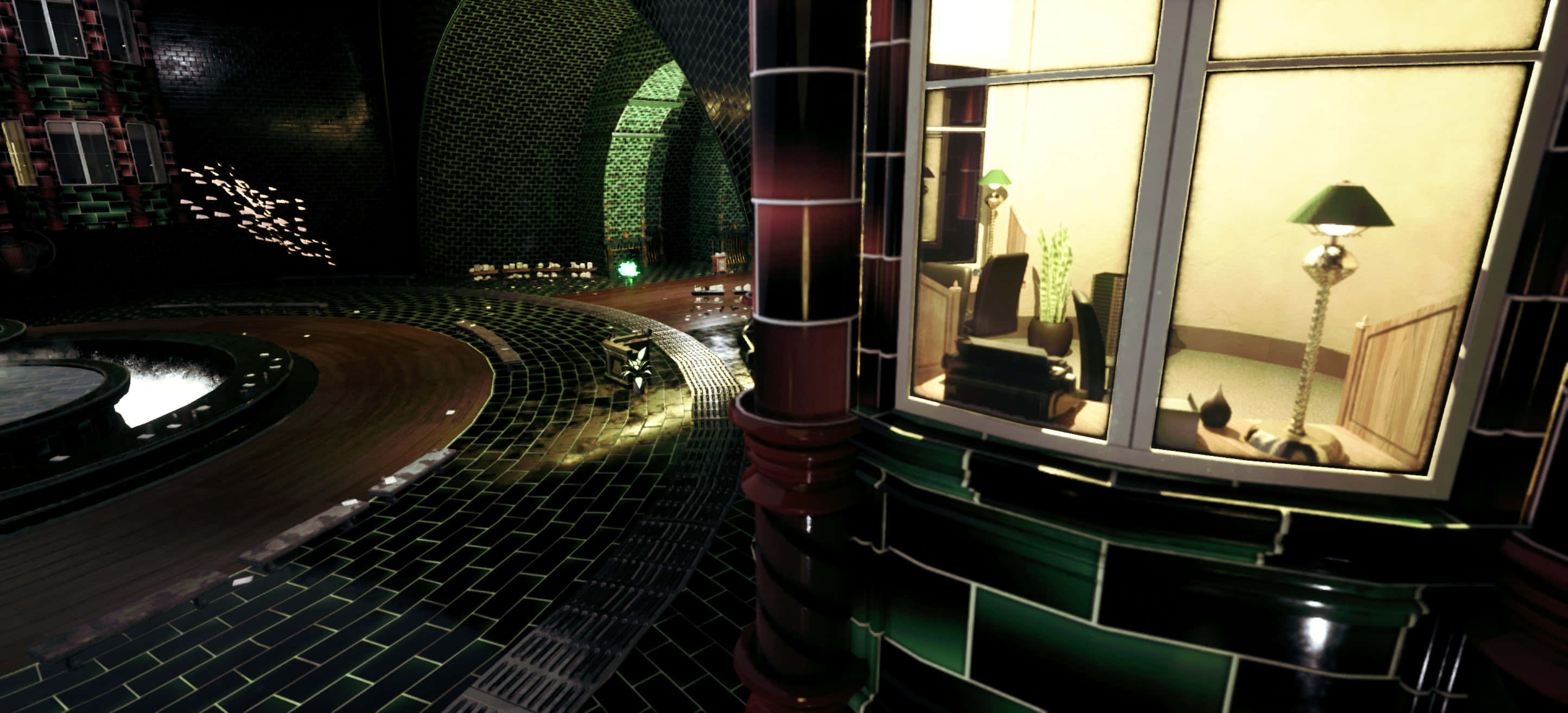 The Ministry Of Magic 桌布 壁紙 — 一個未來主義的室內設計，配有綠色瓷磚牆壁和由溫暖燈光照亮的彎曲反射地板。