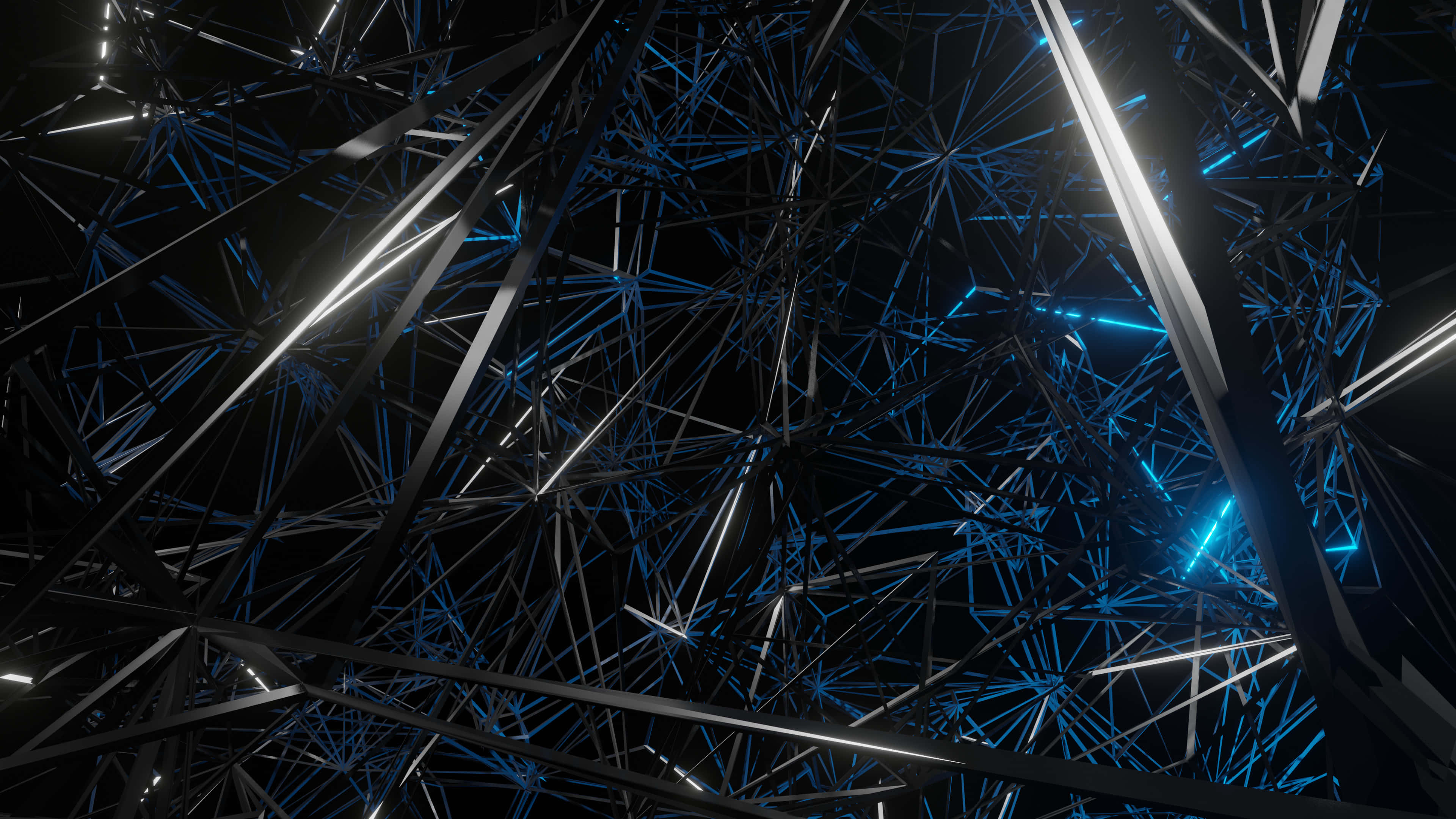 3d Abstract 桌布 壁紙 — 一個未來主義的數位網格，由發光的藍色和白色霓虹線條在黑色虛空中構成，營造出高科技賽博朋克隧道效果。