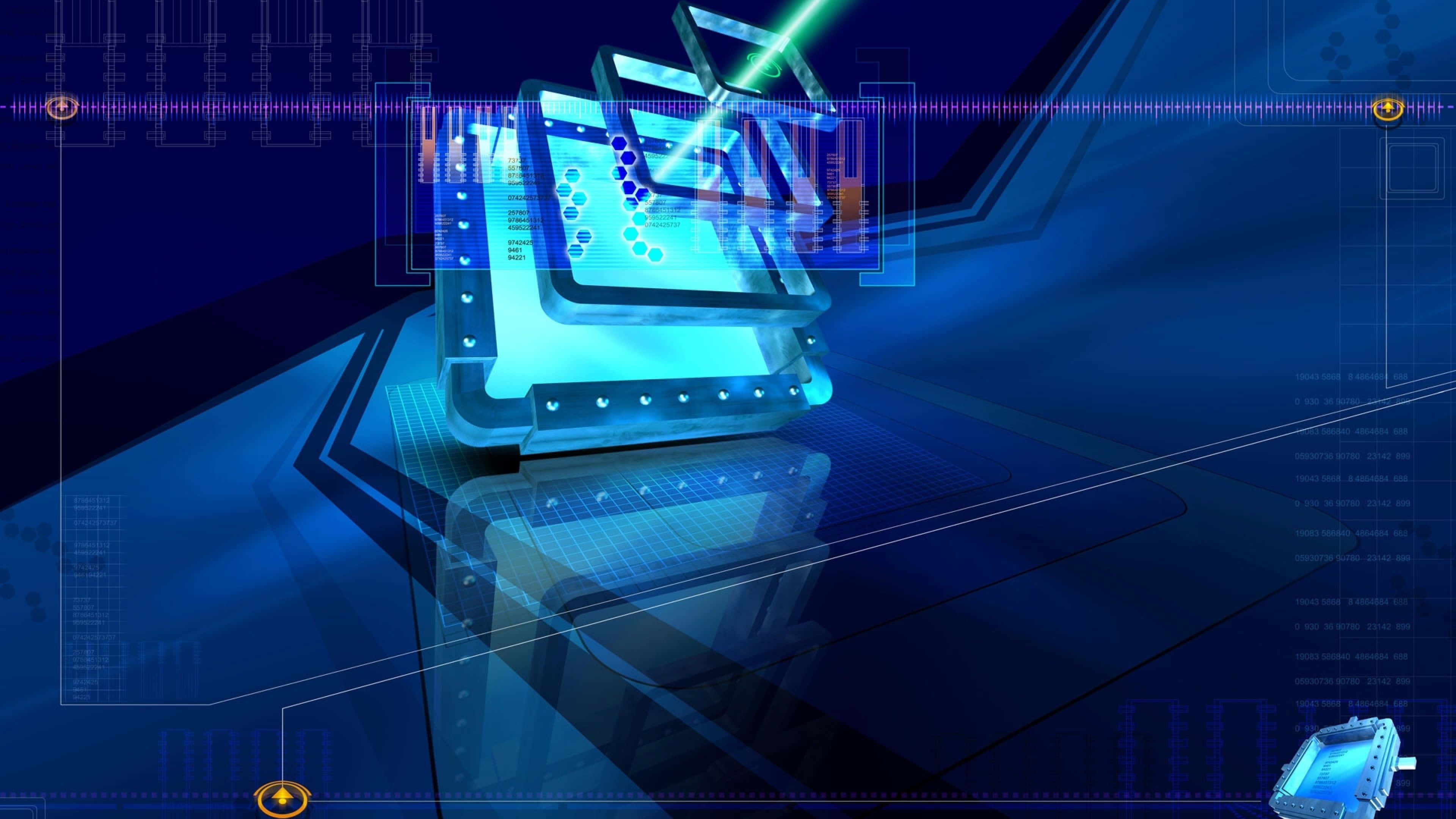 Information Technology 桌布 壁紙 — 一個未來主義的發光藍色伺服器塔，帶有全息數據流和電路，處於高科技數位環境中。