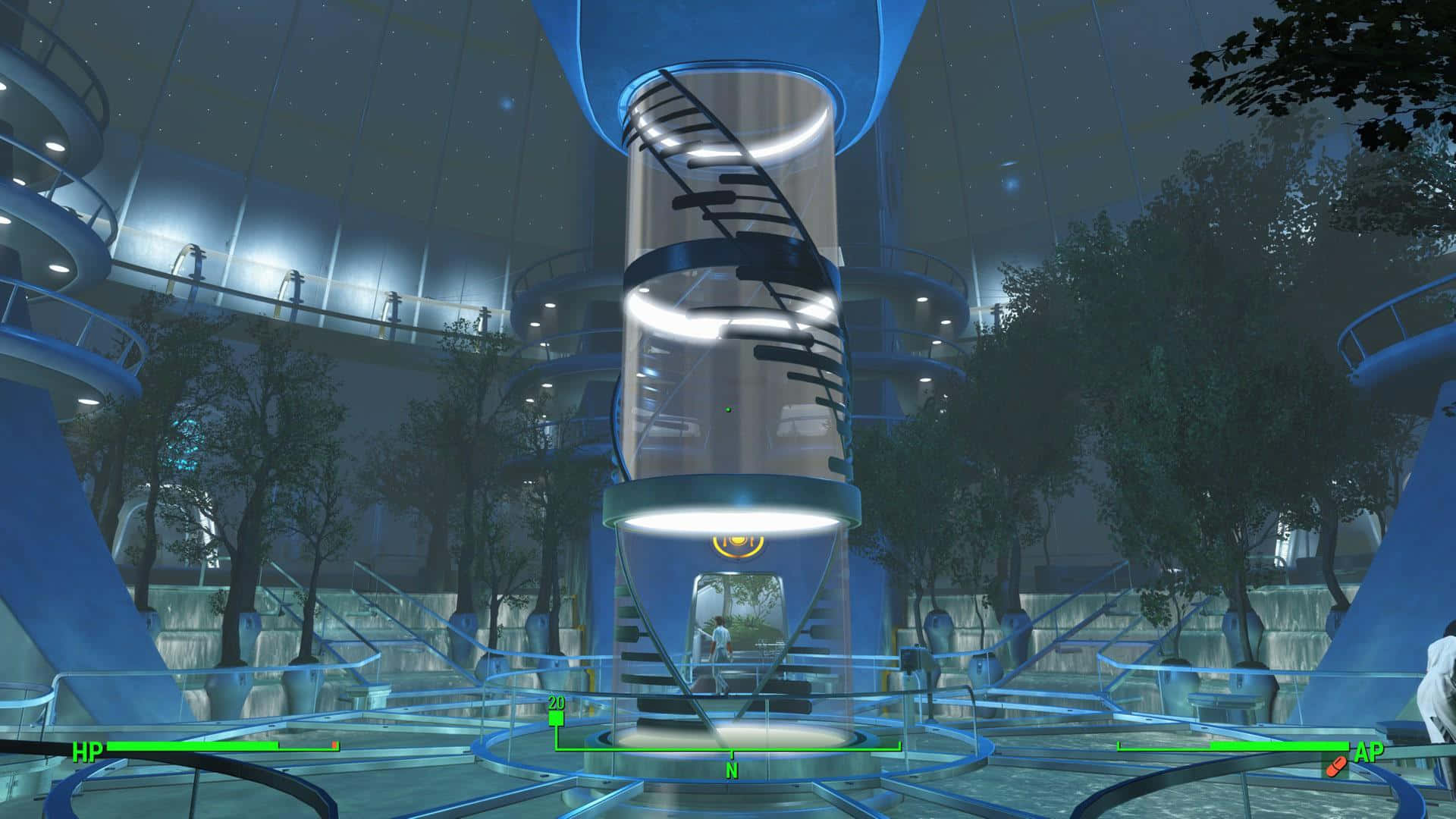 Fallout 4 Institute 桌布 壁紙 — 一個未來主義的藍色圓頂結構，帶有發光的螺旋樓梯和樹木，在繁星點點的夜空下。