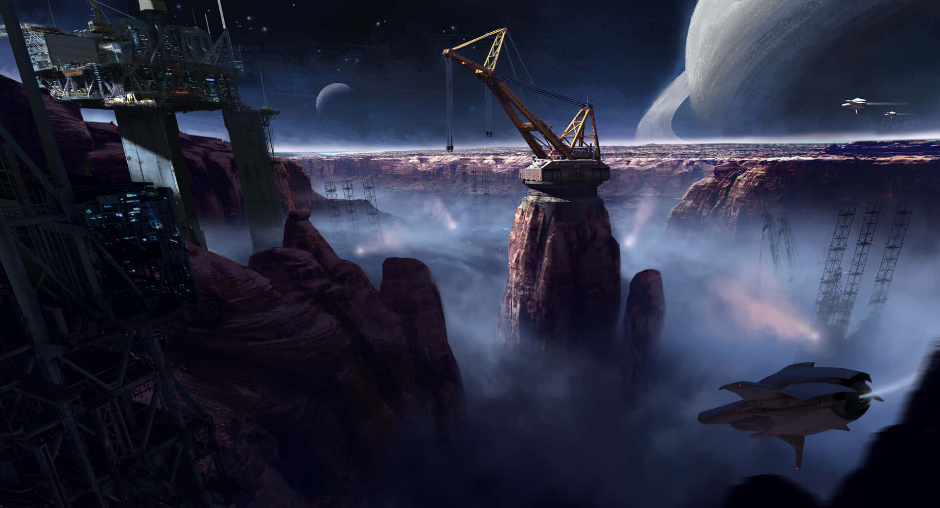 Space Mining 桌布 壁紙 — 一個未來太空殖民地，高聳的起重機和飛行船隻坐落在霧氣繚繞的峽谷中，星空下還有巨型行星。