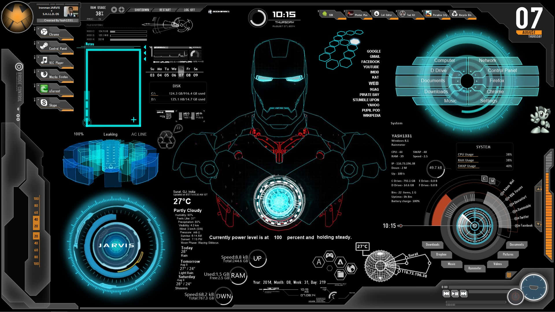 Iron Man Technology 桌布 壁紙 — 一個未來感的數位儀表板，中央的鐵甲奇俠頭盔周圍環繞著發光的藍色全息介面。