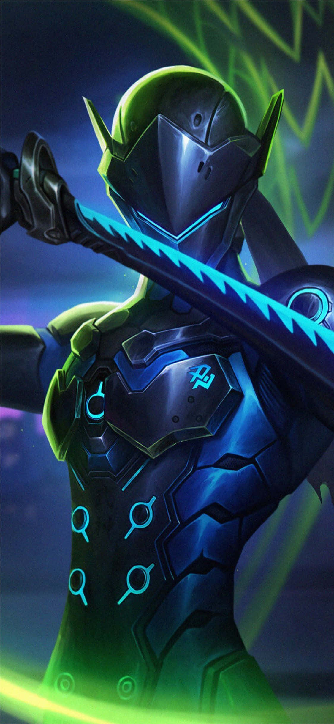 Overwatch Genji 桌布 壁紙 — 一個未來戰士身穿發光藍綠色盔甲，在黑暗的賽博龐克背景下揮舞著霓虹劍。