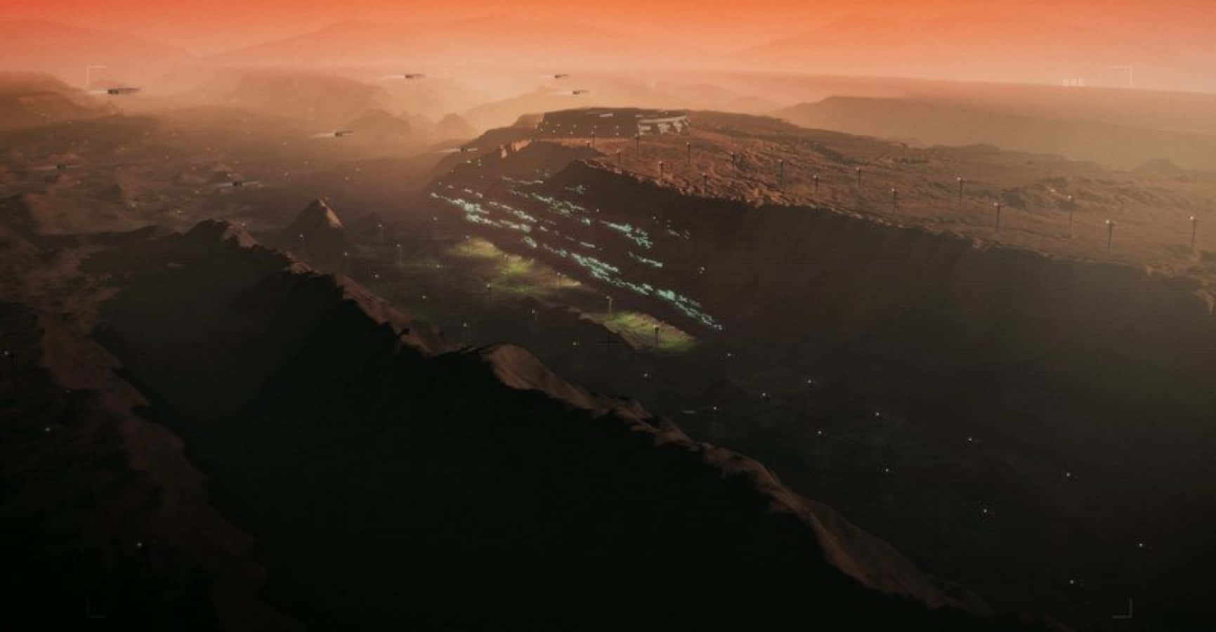 Terraforming 桌布 壁紙 — 一個未來火星殖民地在橙色天空下的峽谷中閃爍著藍光，並有飛行車輛。