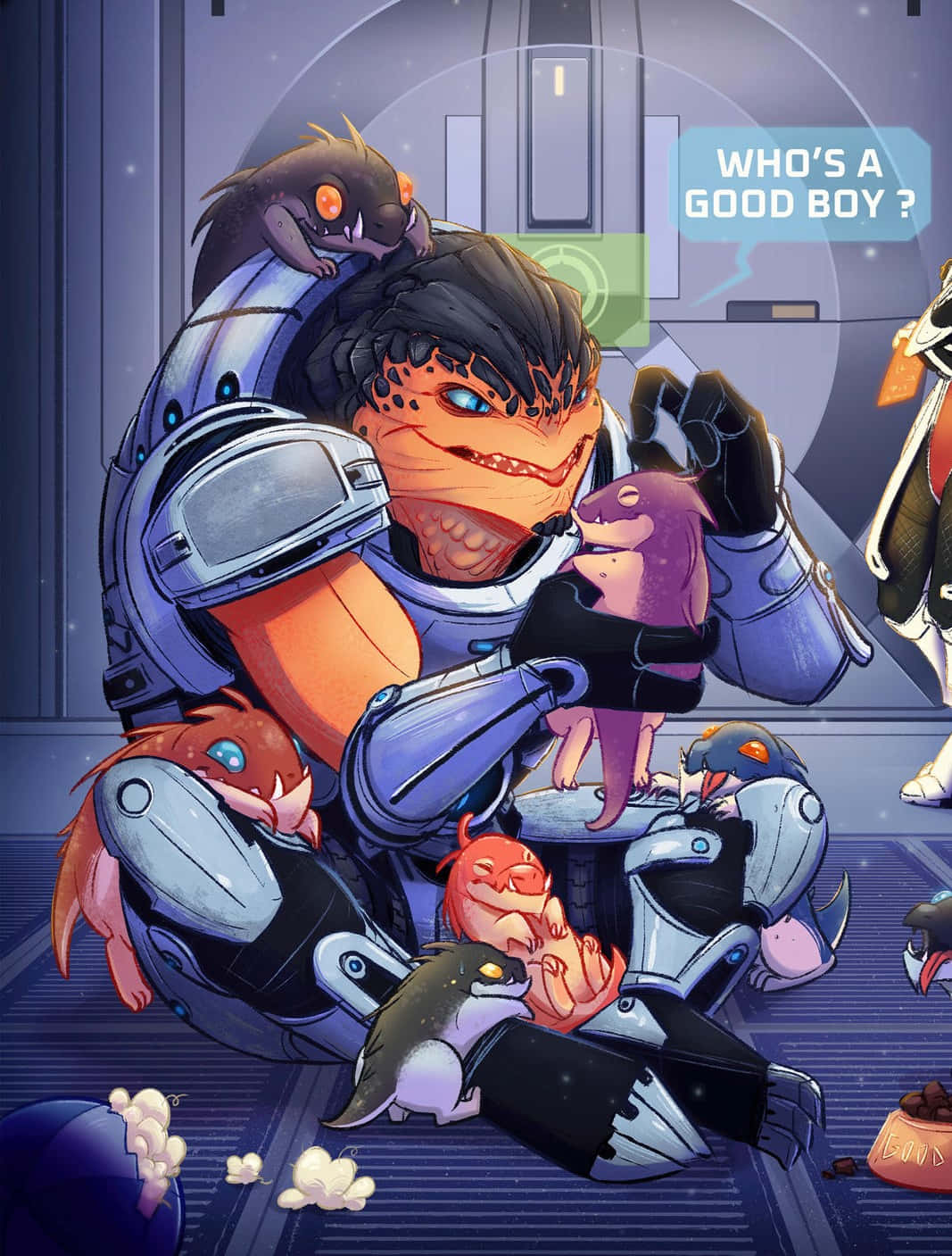 Mass Effect Grunt 桌布 壁紙 — 一個未來裝甲外星人跪著，被頑皮的小生物包圍，在一個有漂浮爆米花的科幻房間裡。