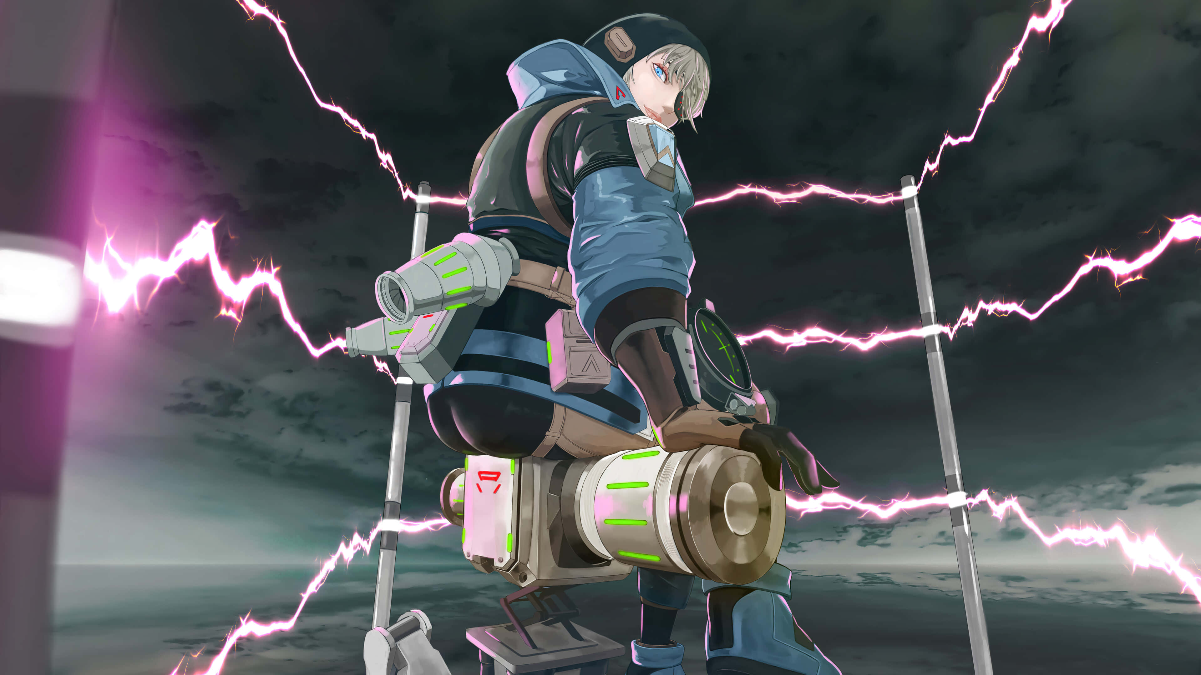 Apex Legends Characters 桌布 壁紙 — 一個未來風格的動漫角色身穿藍色盔甲，在風暴天空下站立於噼啪作響的粉紅色閃電之中。