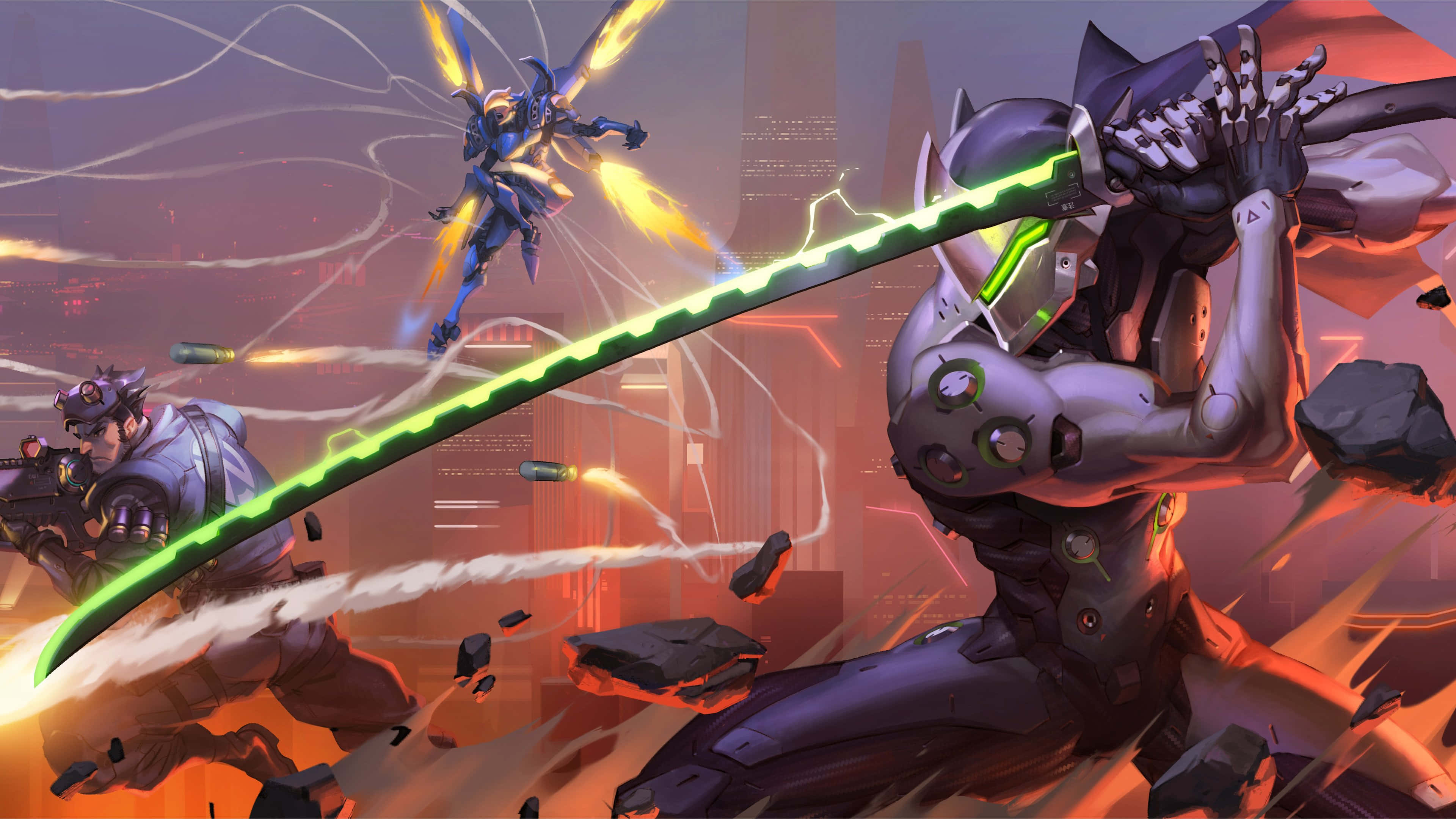 Overwatch Genji 桌布 壁紙 — 一個未來風格的動畫戰鬥場景，一把發光的綠色劍切開碎片，裝甲戰士在霓虹燈點亮的城市景觀中交戰。