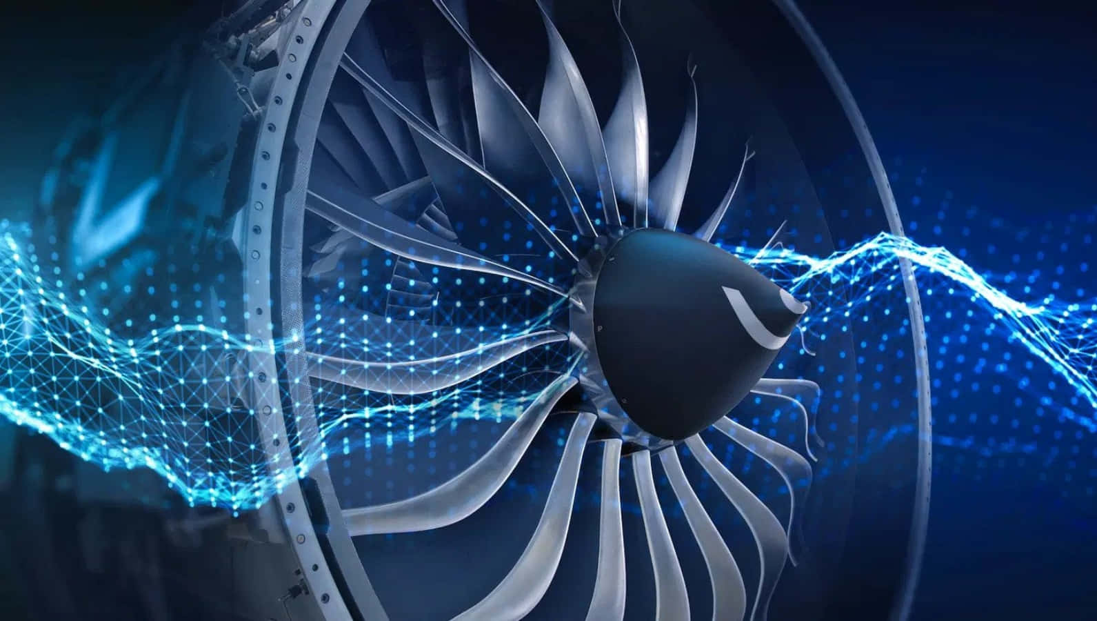 Jet Engine 桌布 壁紙 — 一個未來風格的噴射引擎，在深色背景上，其渦輪葉片周圍流動著發光的藍色數位能量波。